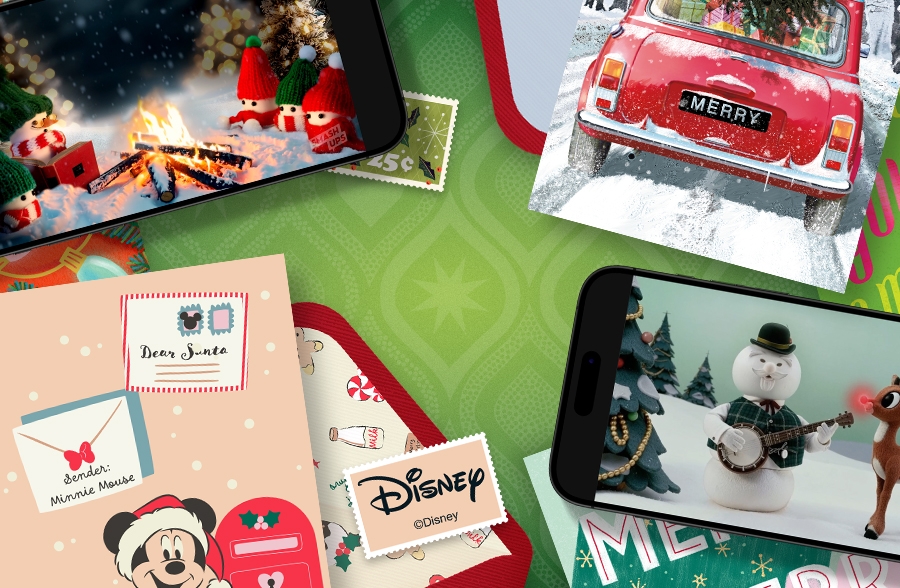 Green Christmas background featuring Christmas cards