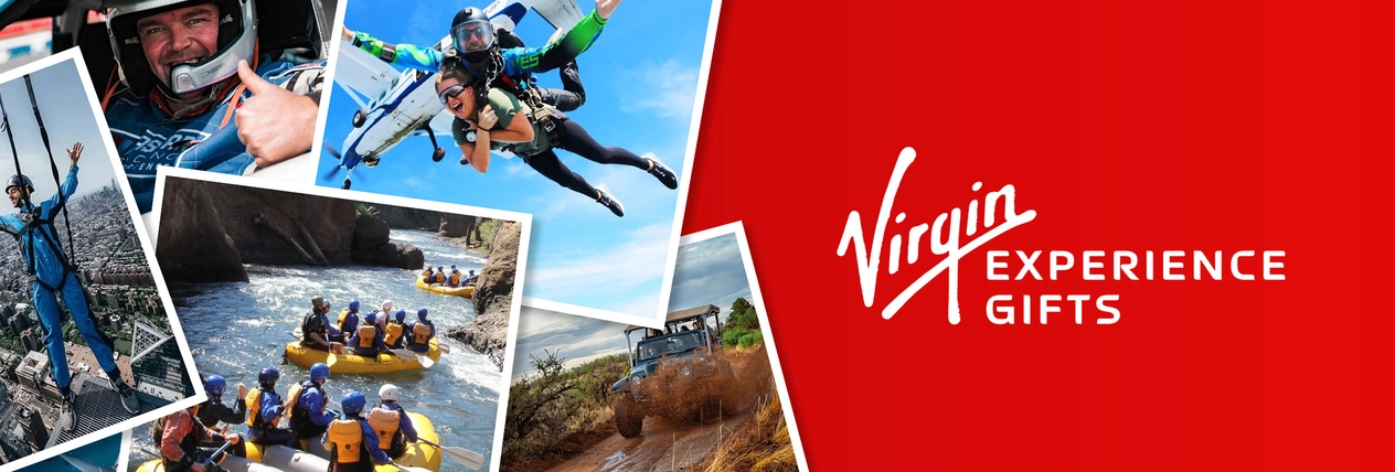 Virgin Experience Gifts logo and example of experiences like skydiving and more.