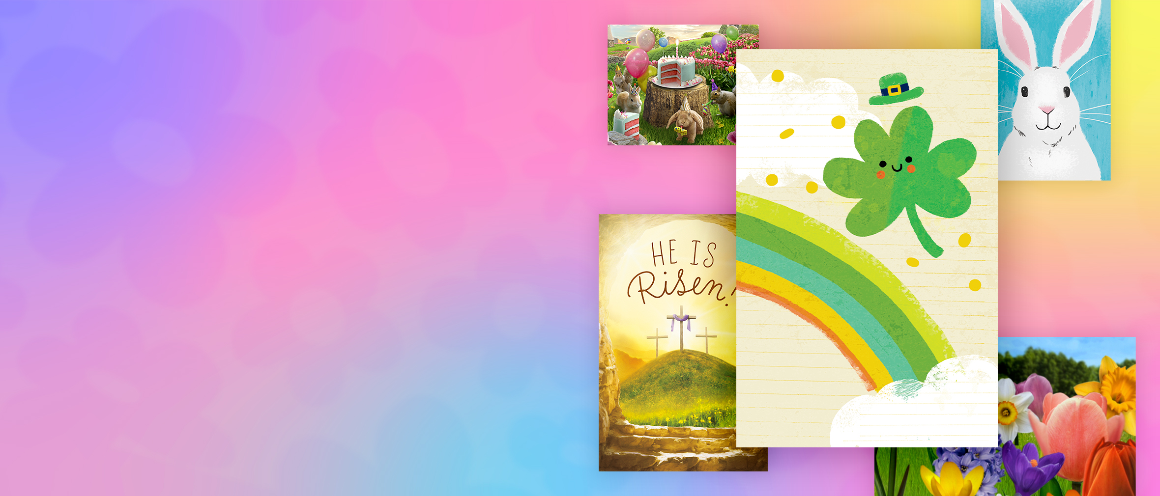 Assortment of Spring, Easter and St. Patrick's Day cards to send on colorful background.