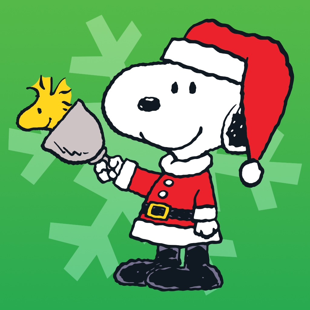 Snoopy in a Santa suit ringing a Christmas bell