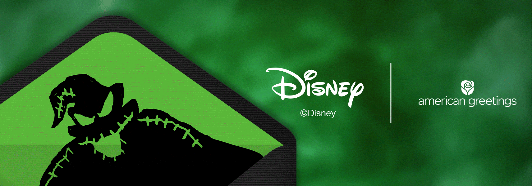 Disney Halloween card envelopes featuring Mickey, Jack Skellington, Hocus Pocus and more on a green background.