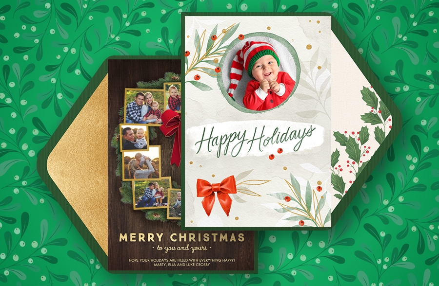 Christmas Photo cards in multi-photo and single photo on garland background