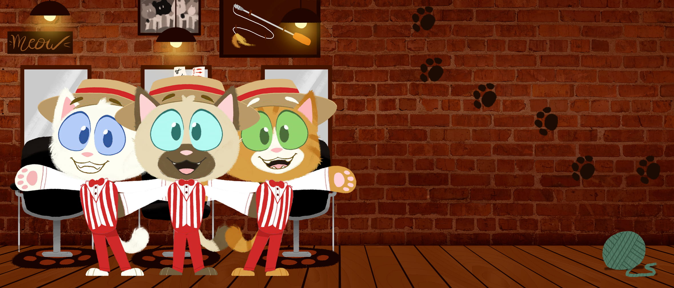 A trio of illustrated cats singing in a barbershop.