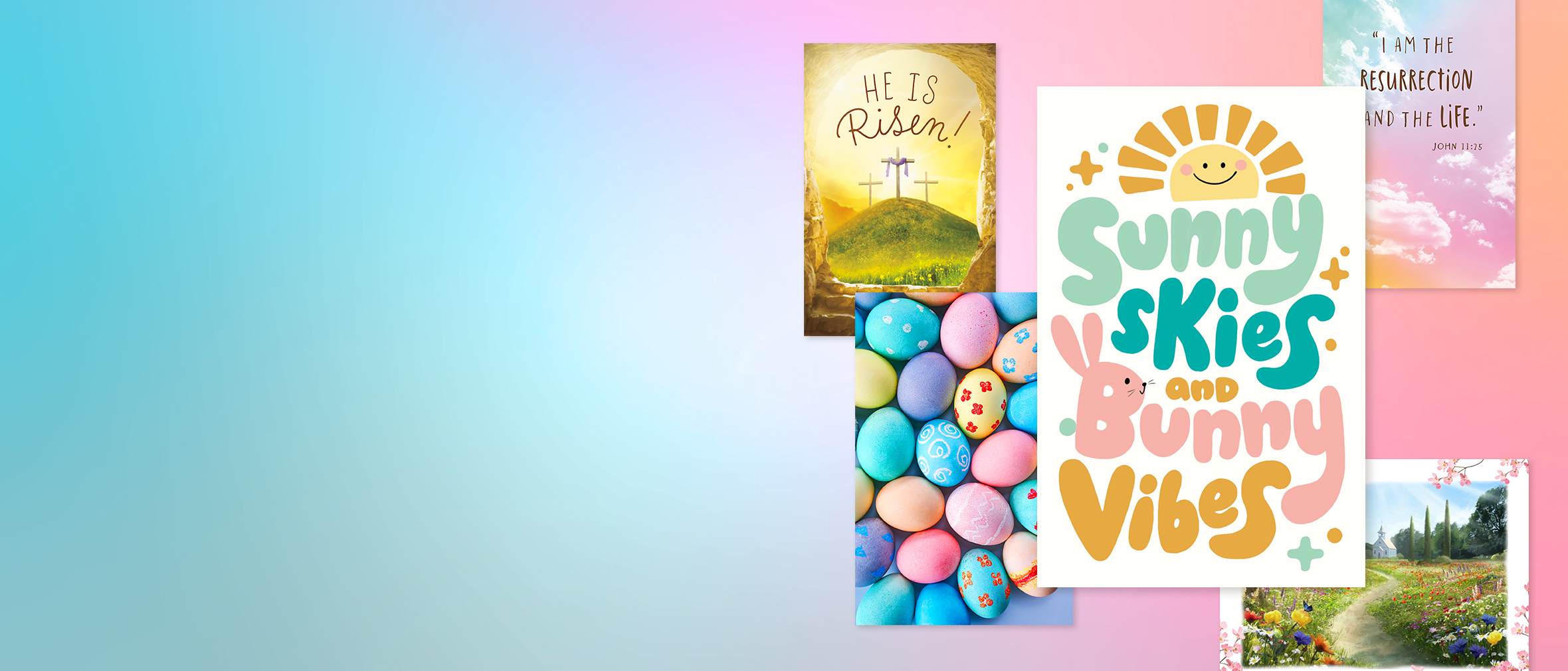 Assortment of Easter ecards on gradient background for spring