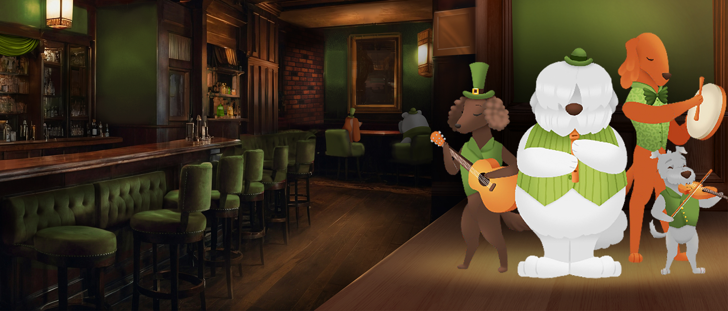 A group of dogs playing music in a traditional Irish pub