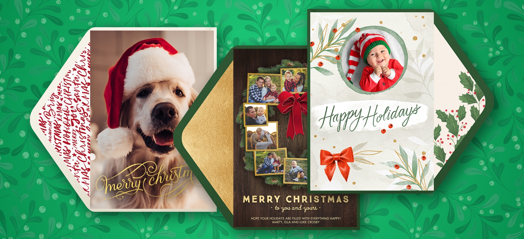 Christmas Photo cards in multi-photo and single photo on garland background