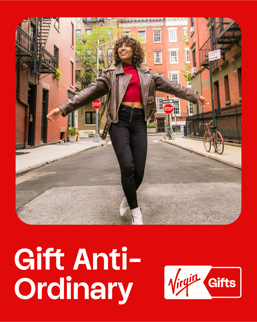 Virgin Experience Gifts logo and example of experiences like skydiving and more.