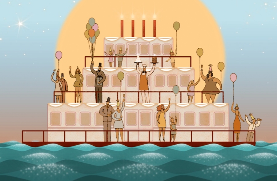 A river boat decorated with balloons with people waving.