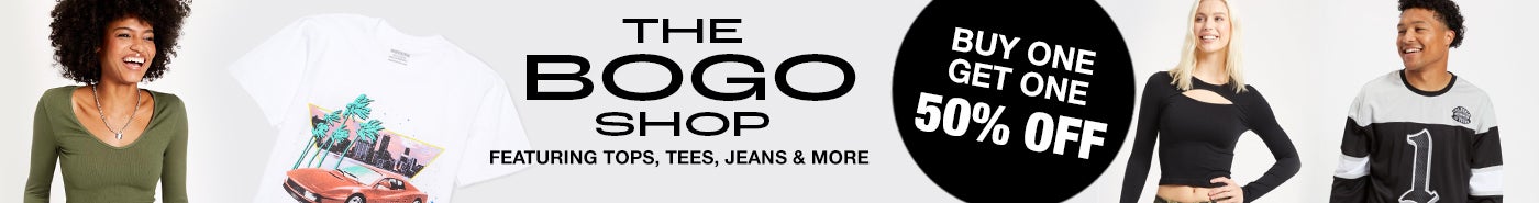 The bogo shop. Featuring jeans and graphic tees and girls joggers, plaids and jackets