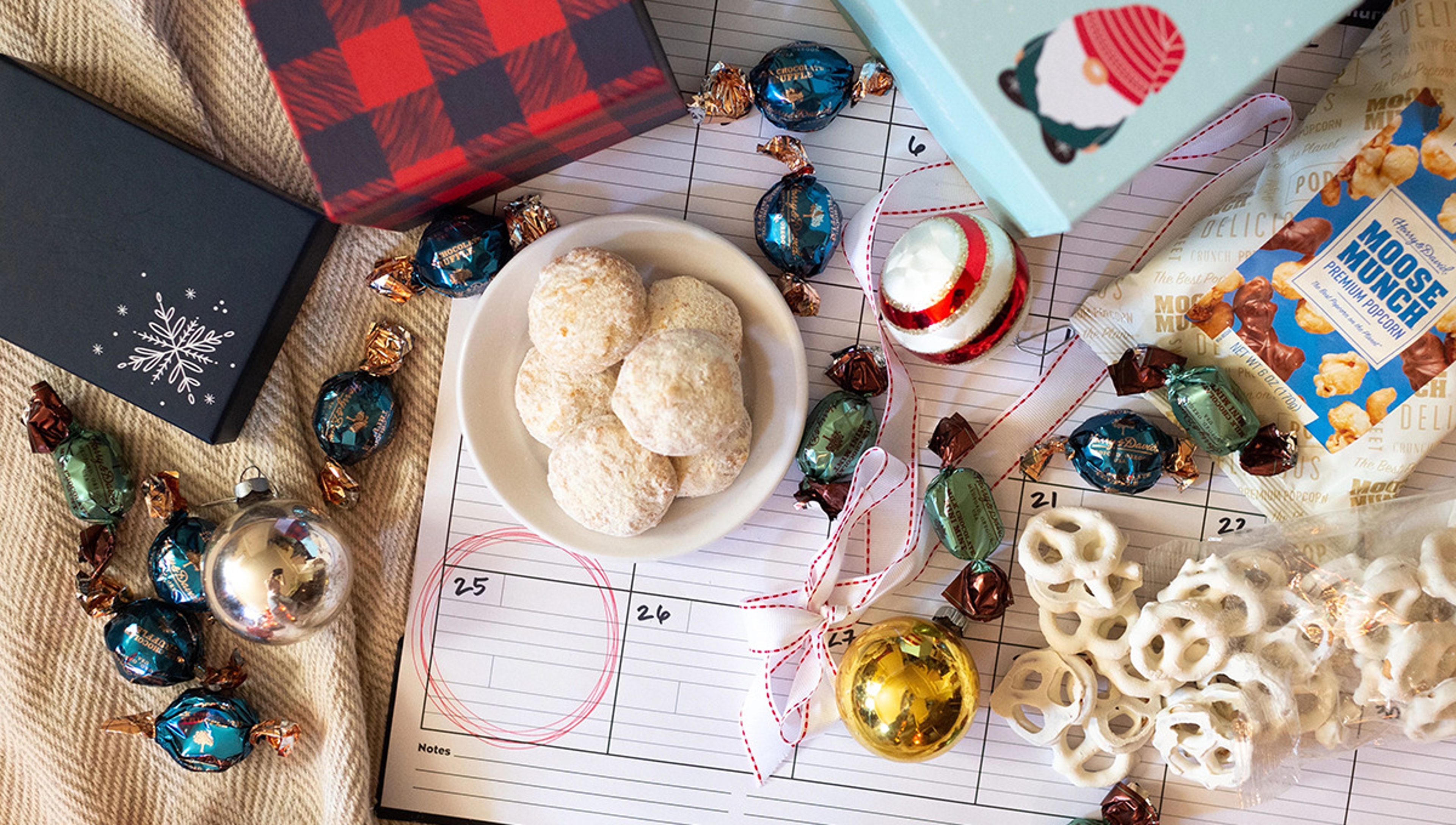 Christmas candy, decorations, and boxes on a calendar.