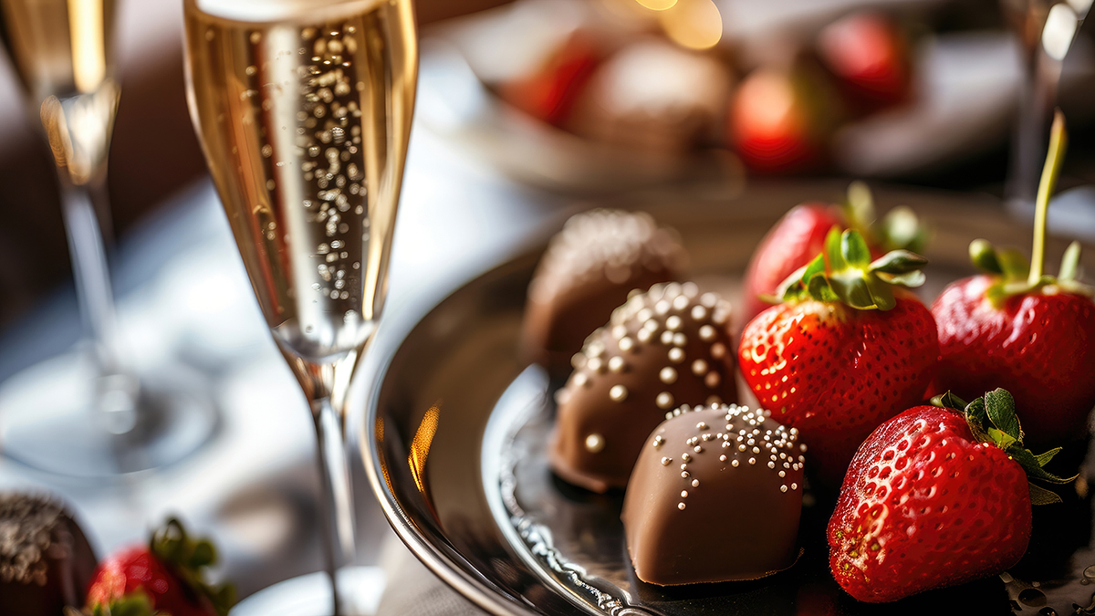 Close up of a dessert tray with chocolate covered strawberries a