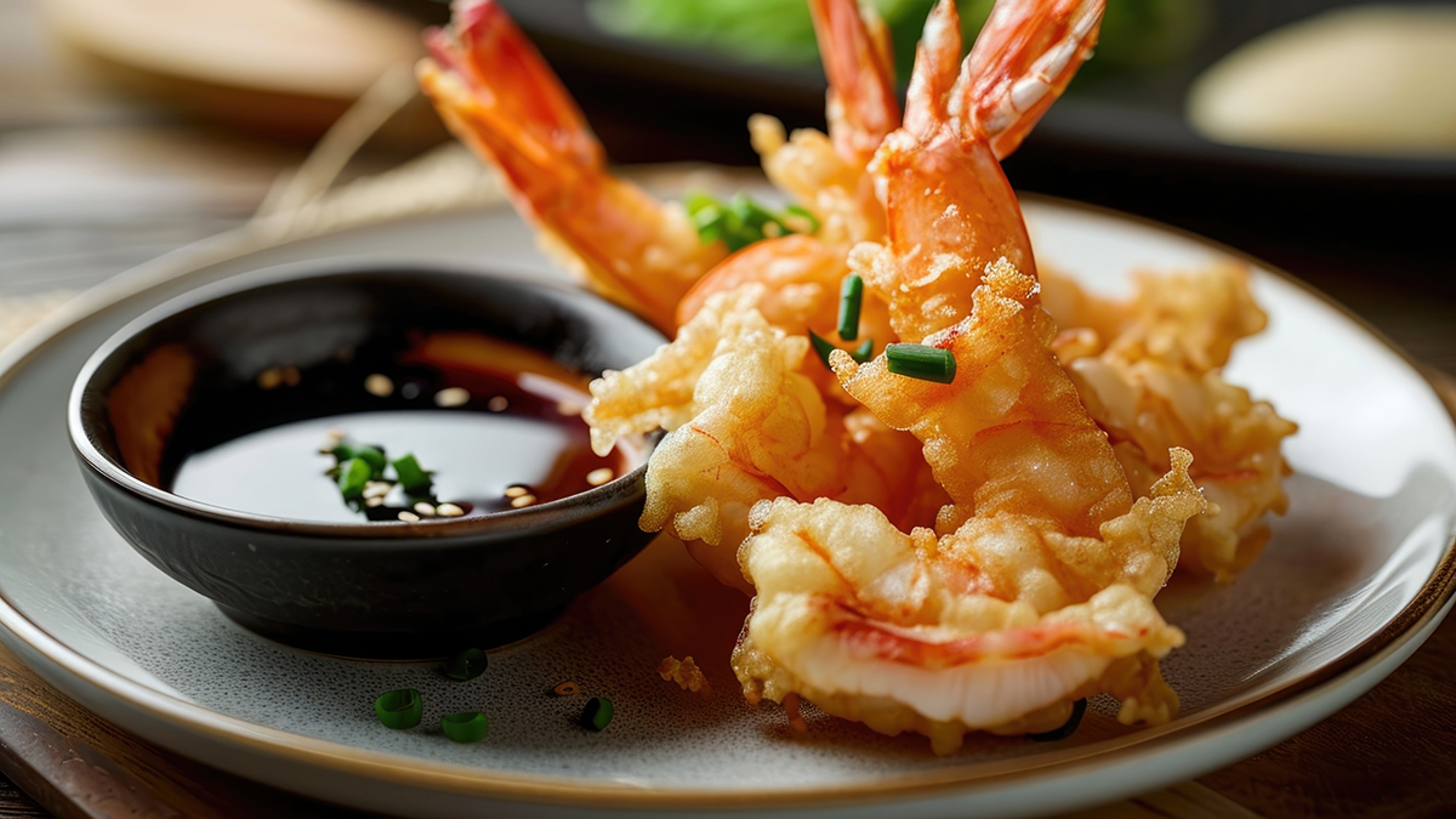 Single serving of tempura shrimp on a plate, with sweet and sour and soy sauces, appetizer concept.