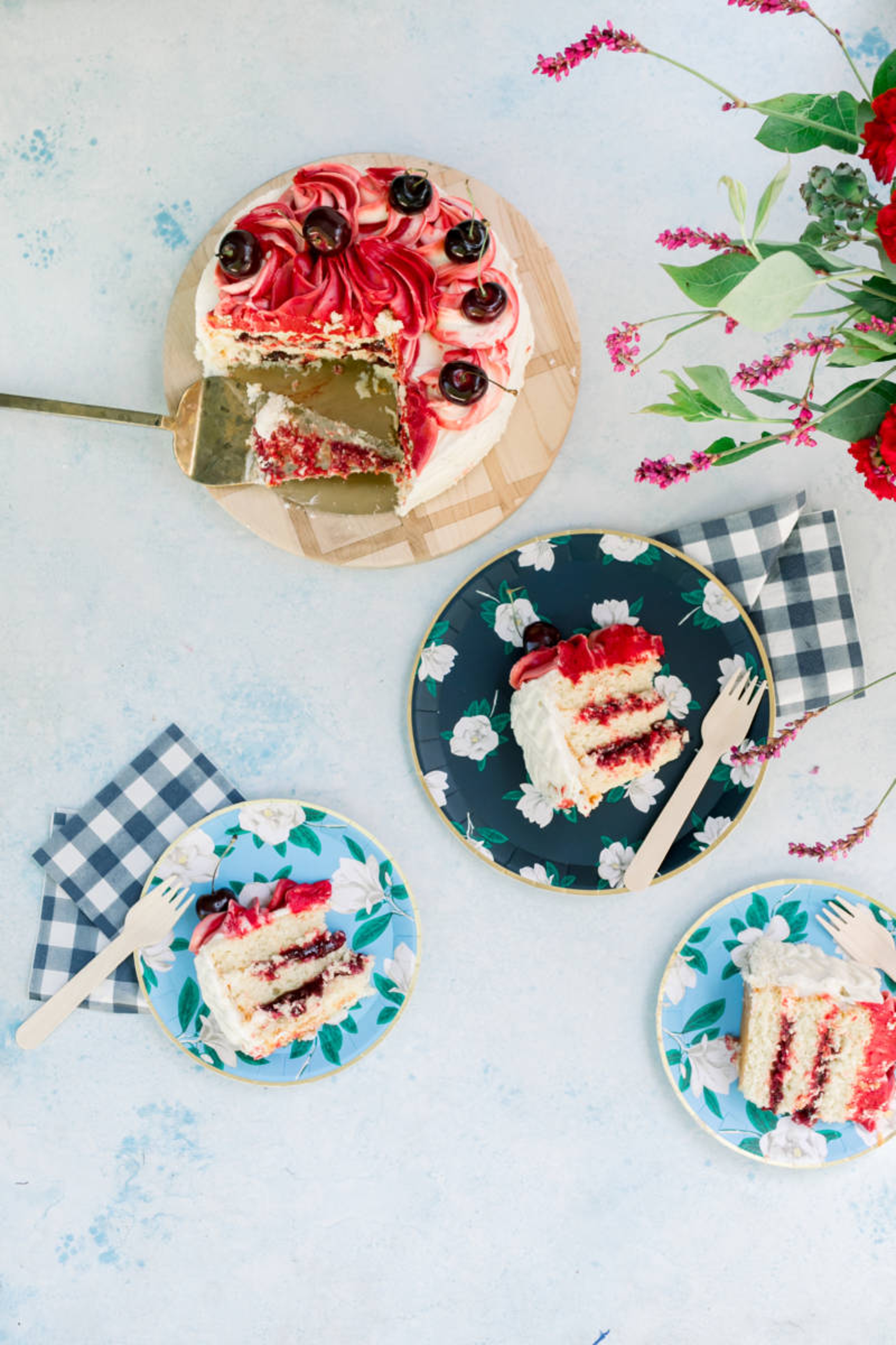 Rose Cake with summer cherries at th of july party