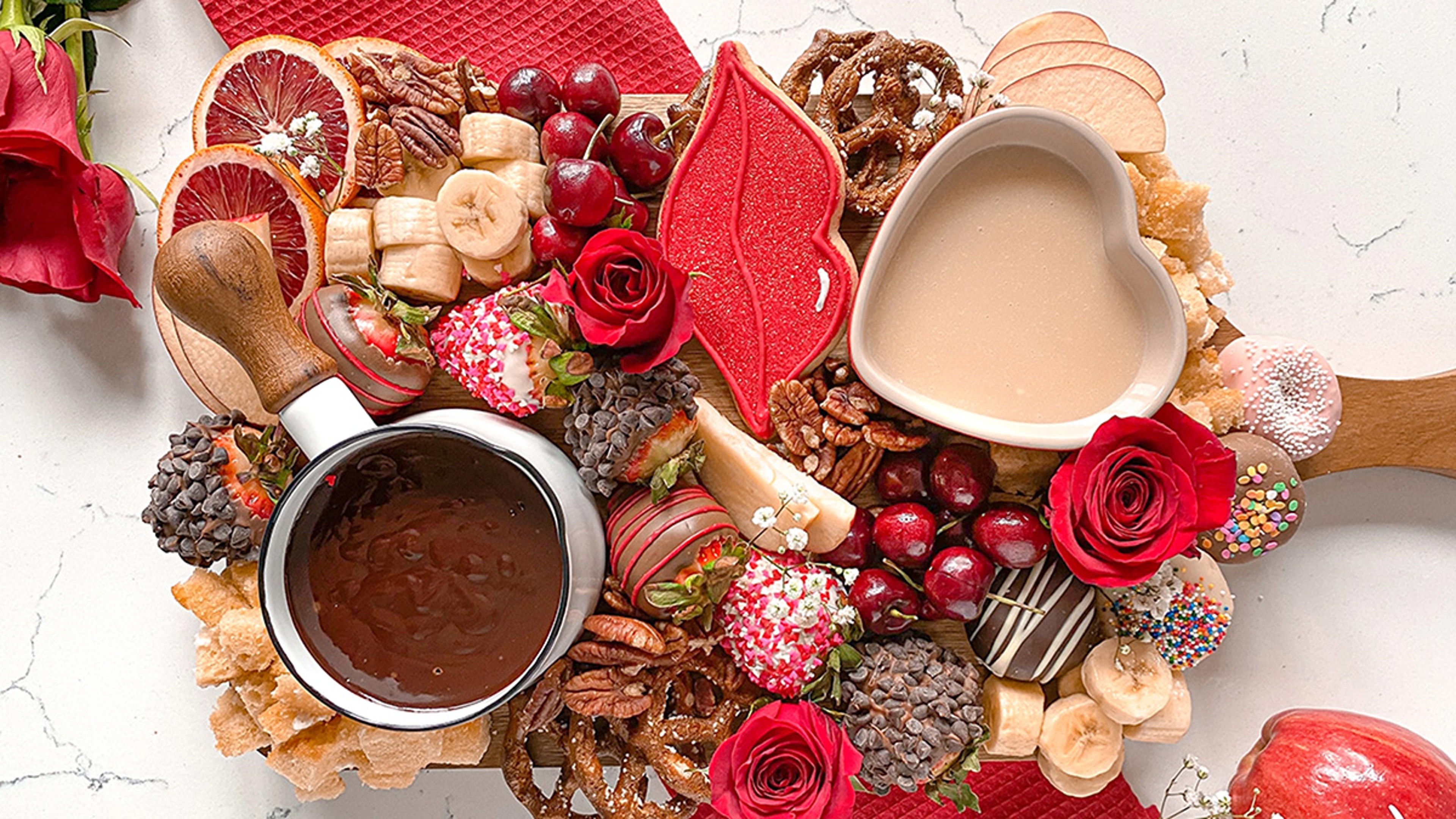 Valentine's Dessert Board With Chocolate Fondue