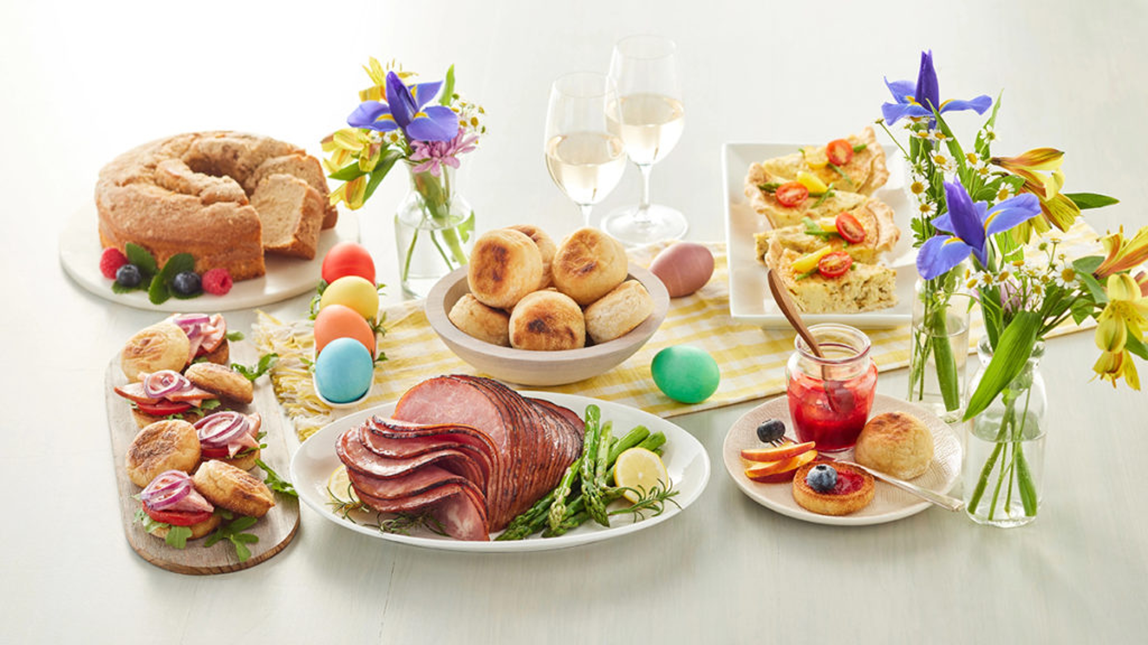 Spread of Easter food brunch items.