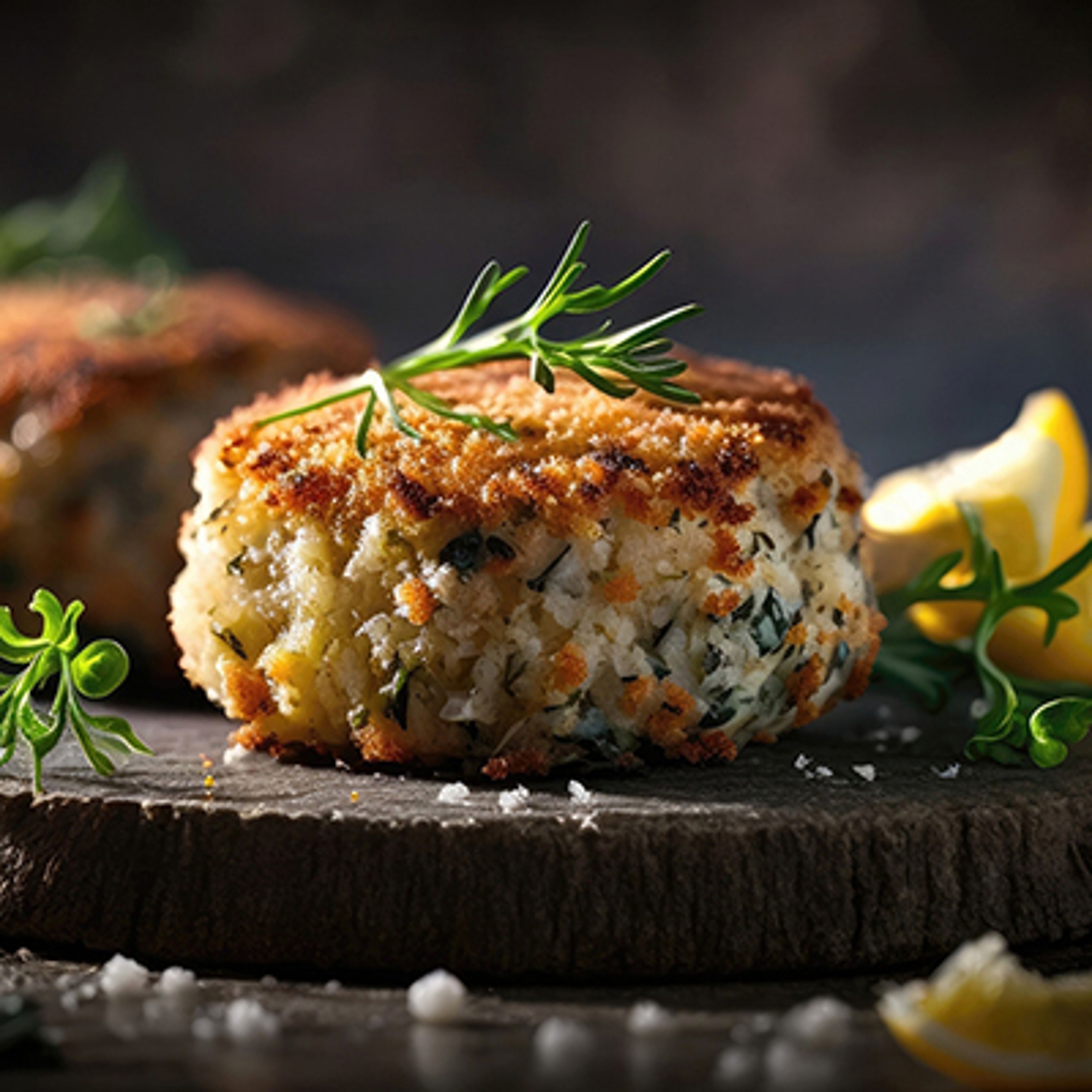 Plate with crab cakes and sliced lemon.