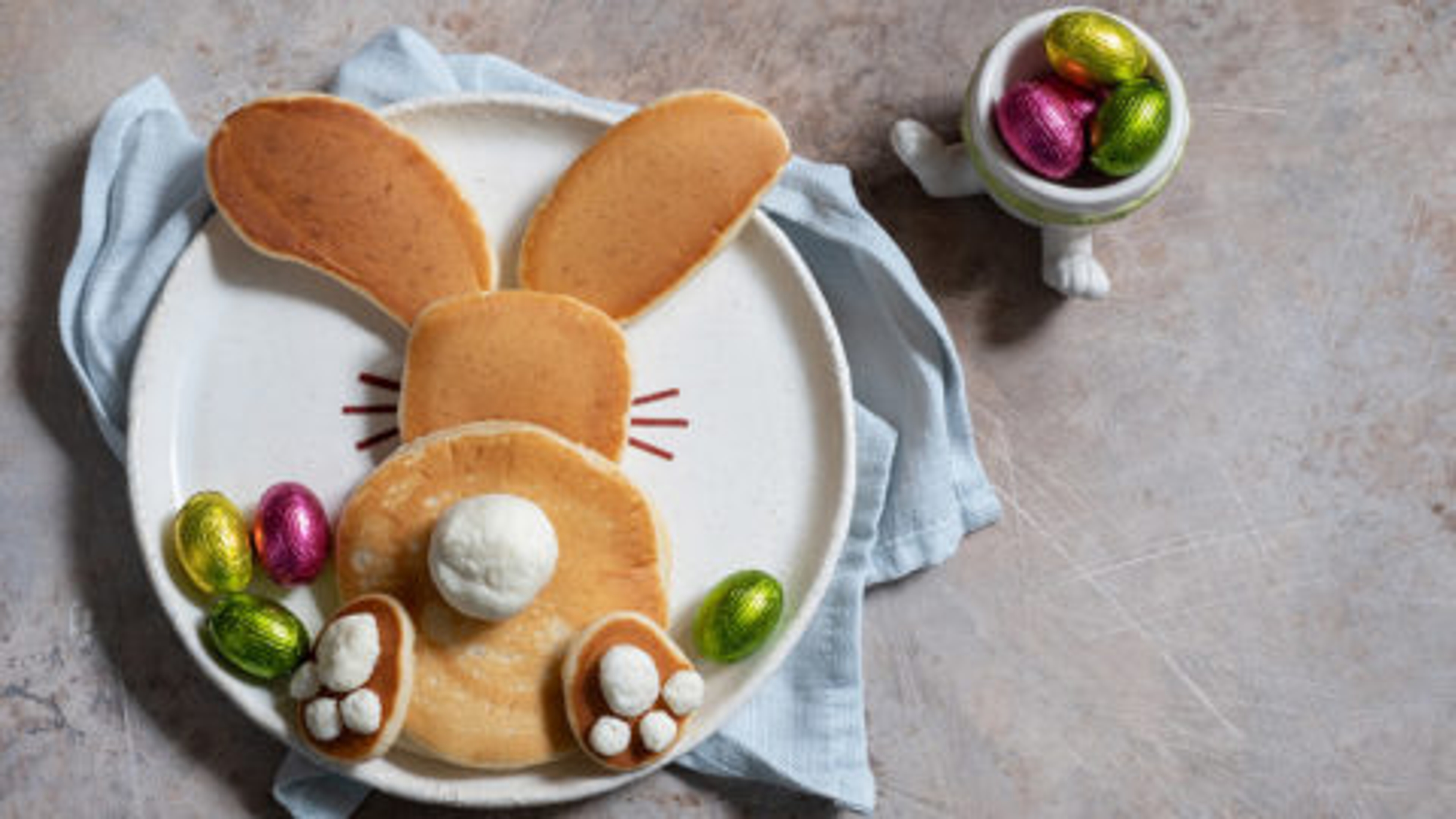 Pancakes shaped like a rabbit for Easter on a plate with chocolate eggs