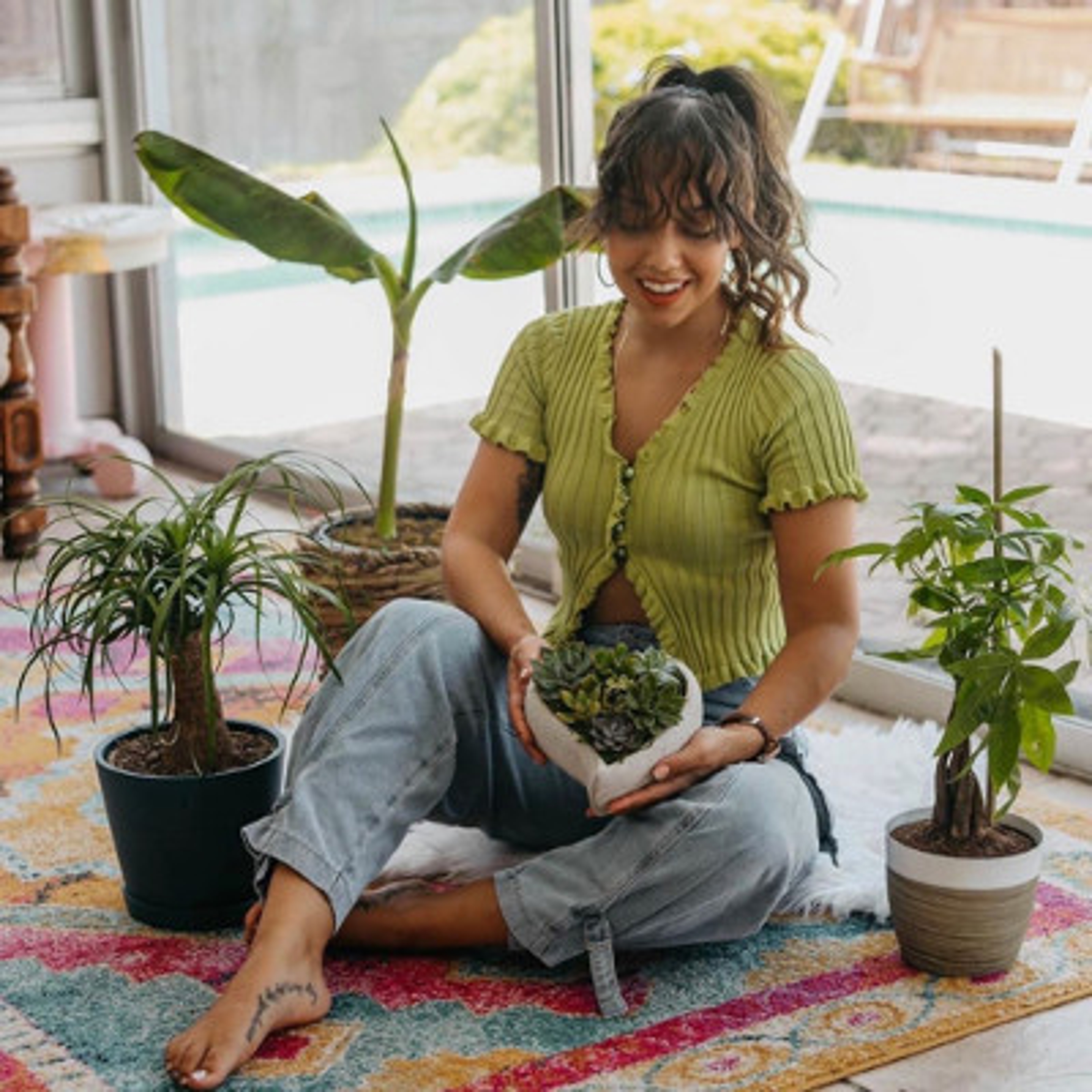 plant mom with succulents money tree