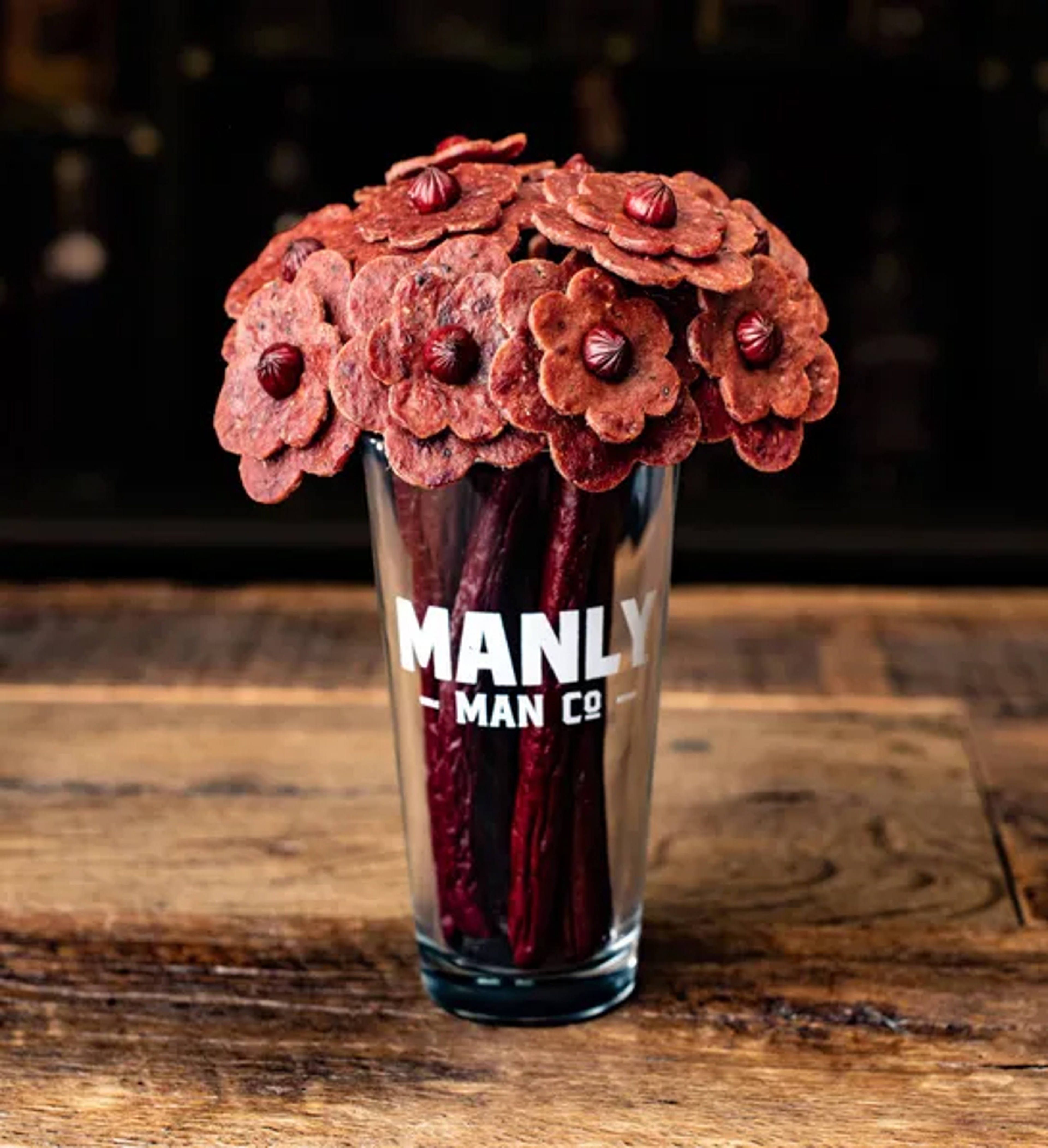 Last minute Father's Day gift ideas with a bouquet of jerky shaped flowers.