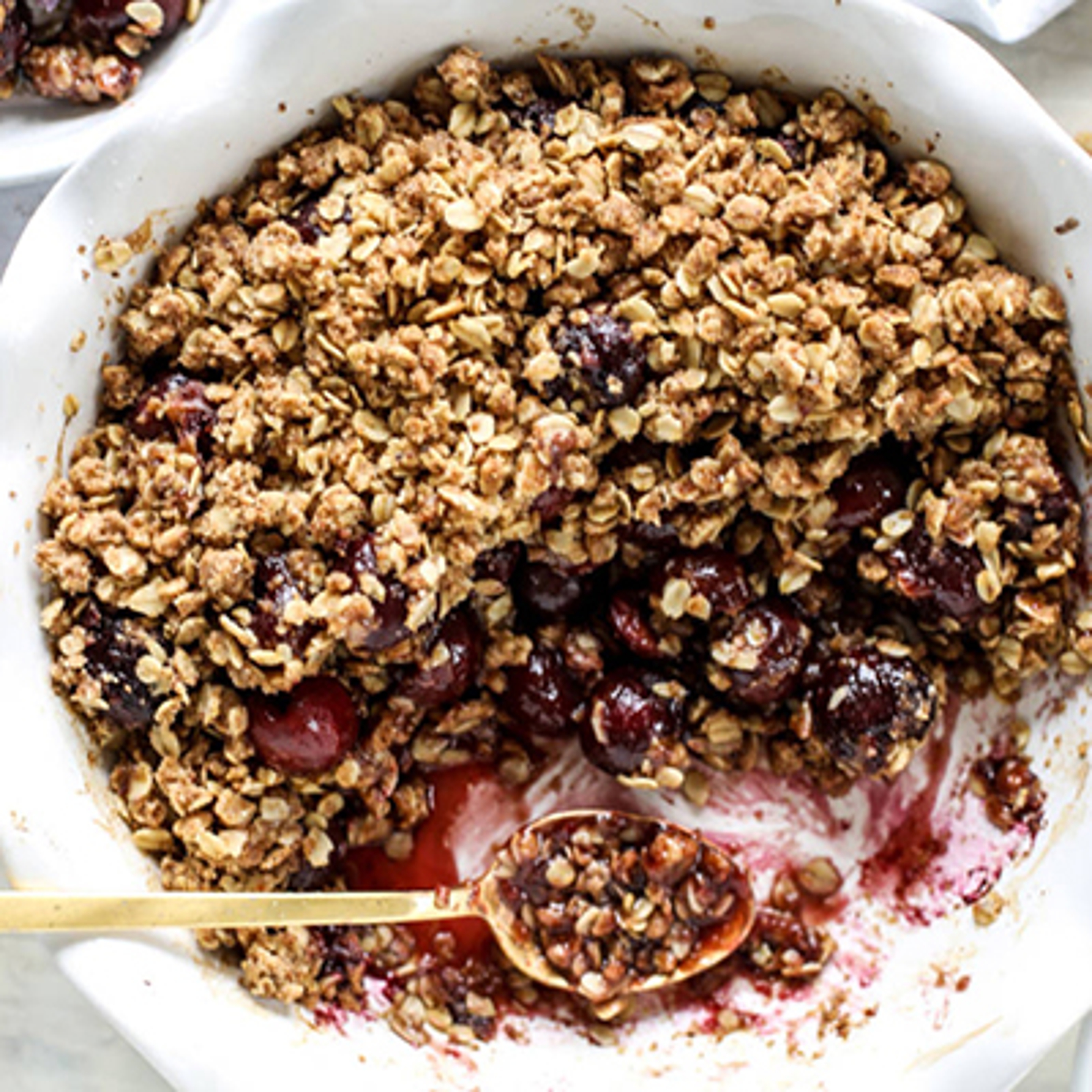Closeup of a cherry crisp.