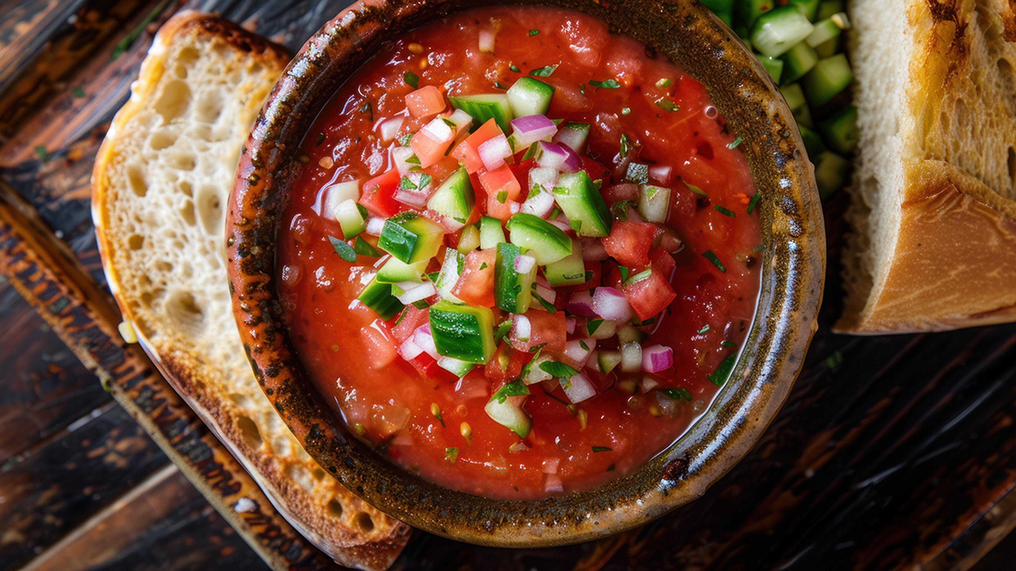 Tomato recipes with a bowl of gazpacho and crusty bread.