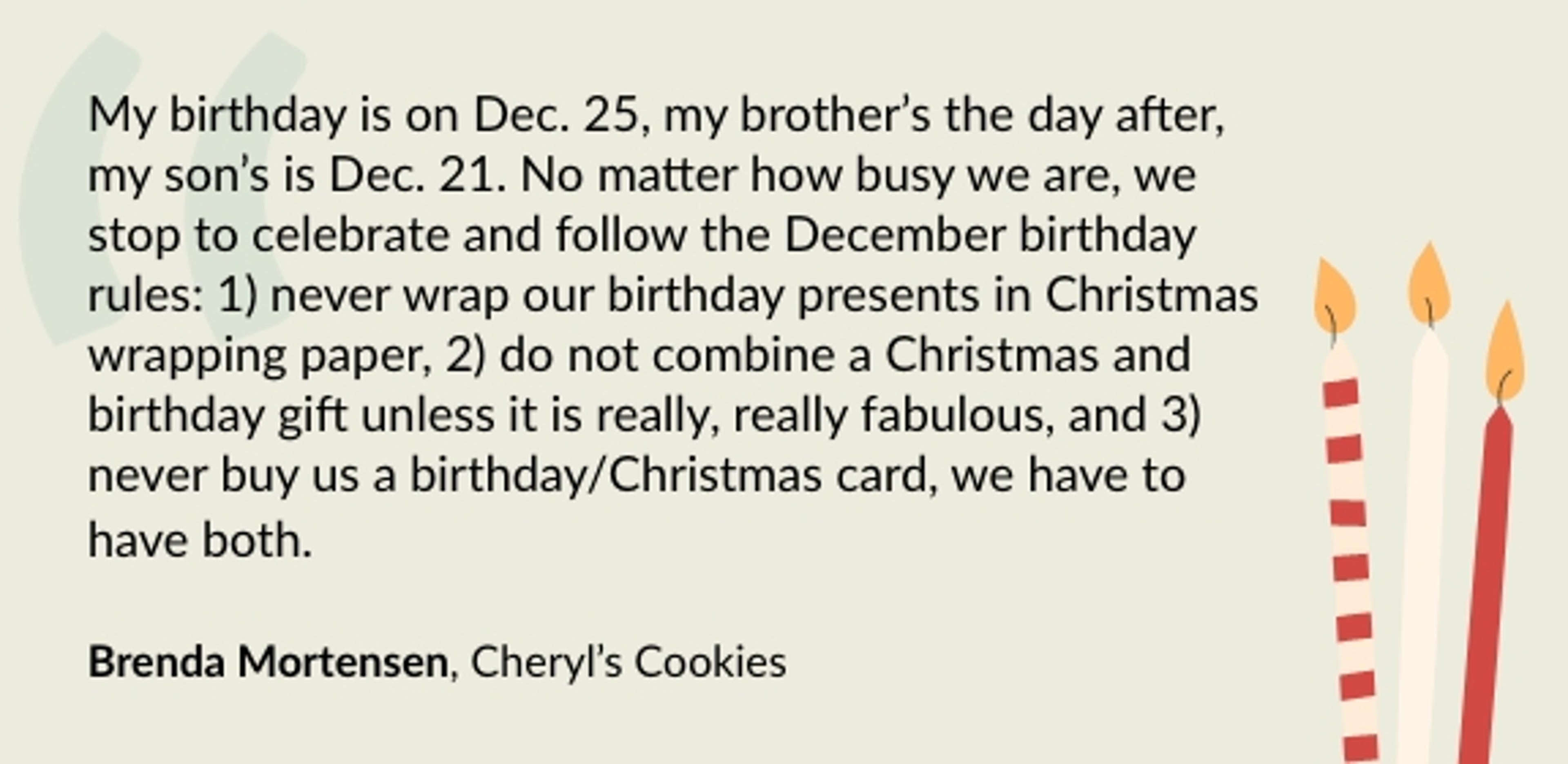 December birthday testimonial Brenda Mortensen