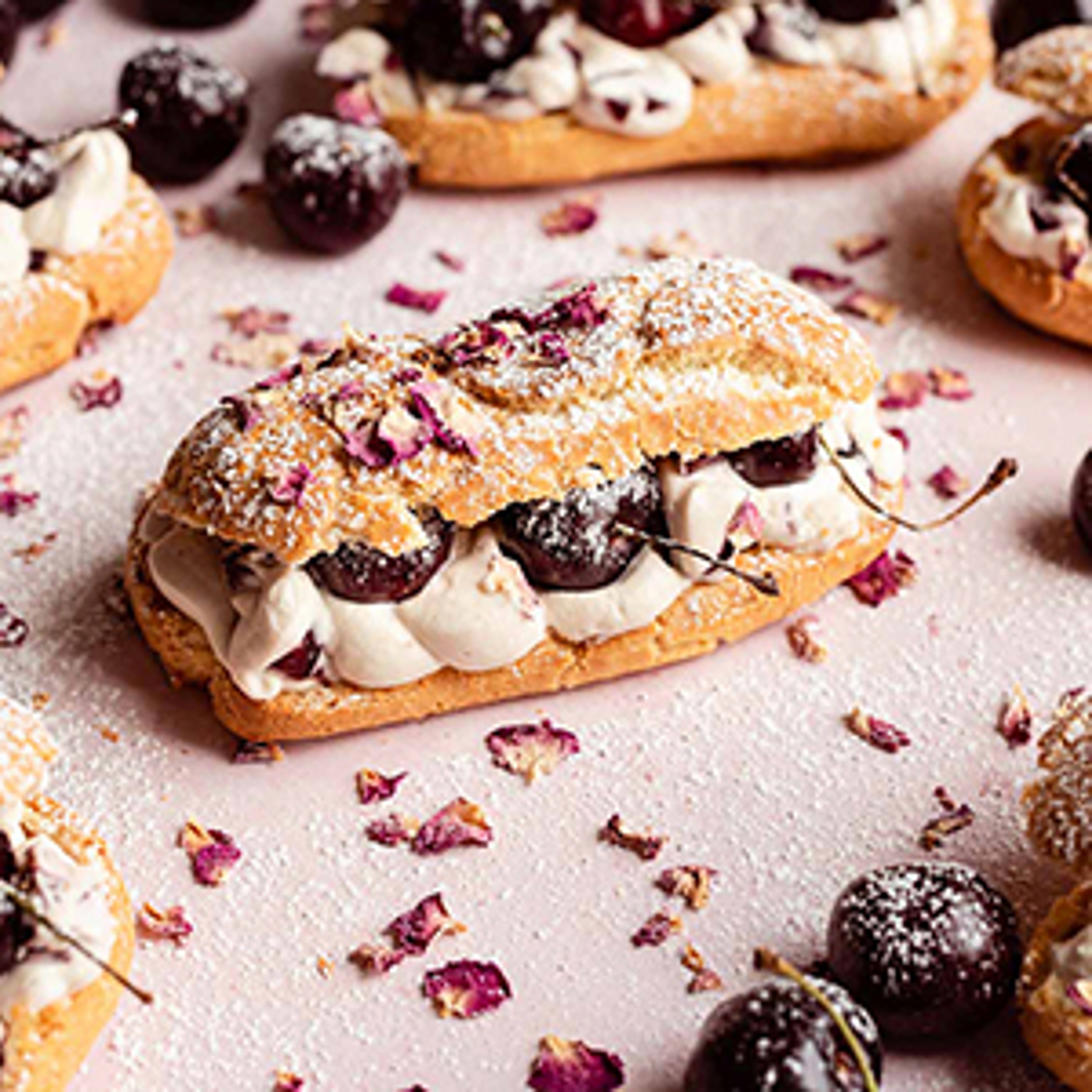 Cherry eclairs with rose petals.