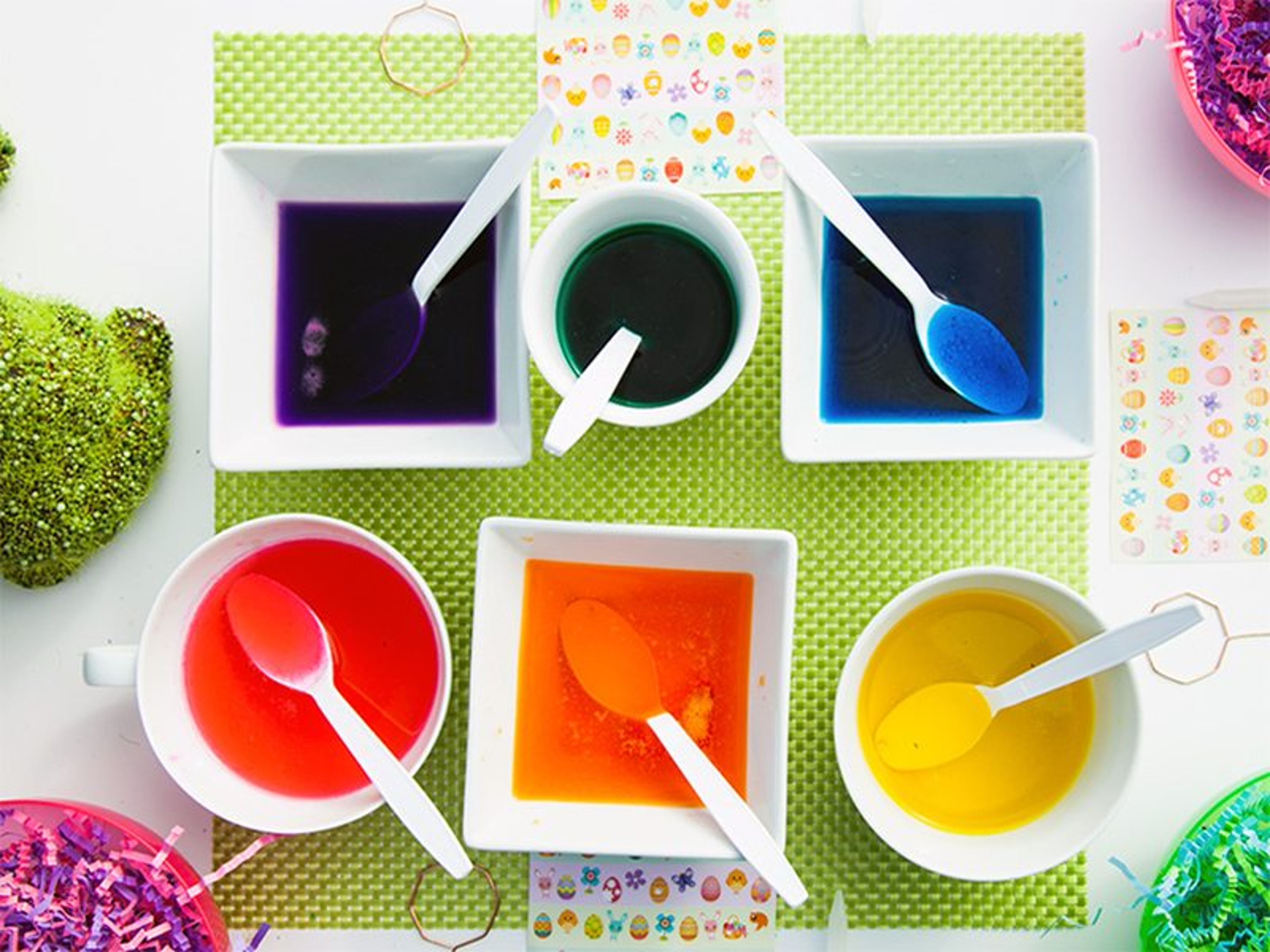 Easter Egg Decorating Party multicolored dyes in bowls