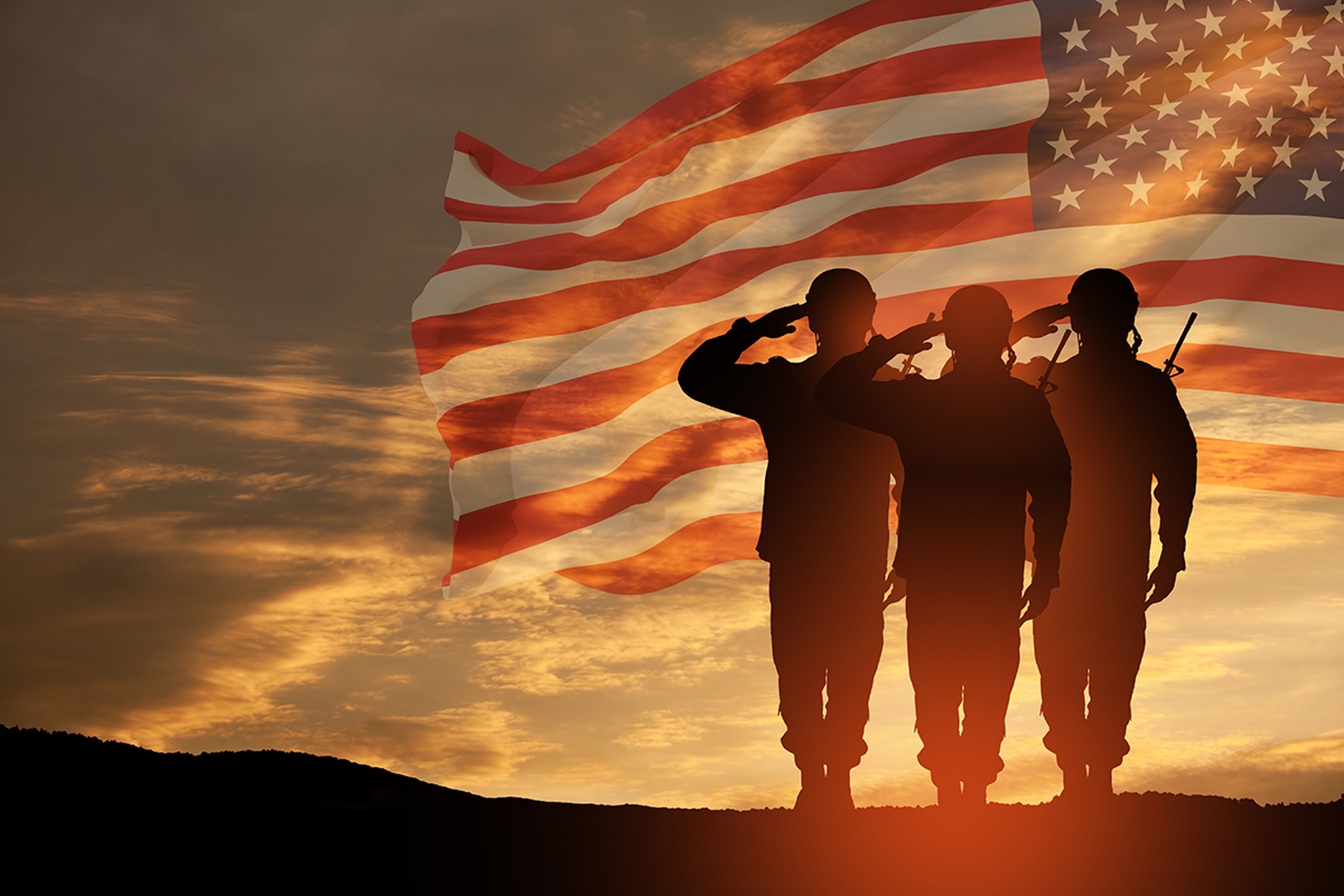 Article Cards Featured Image USA army soldiers saluting on a background of USA flag. Greeting card for Veterans Day, Memorial Day, Independence Day.