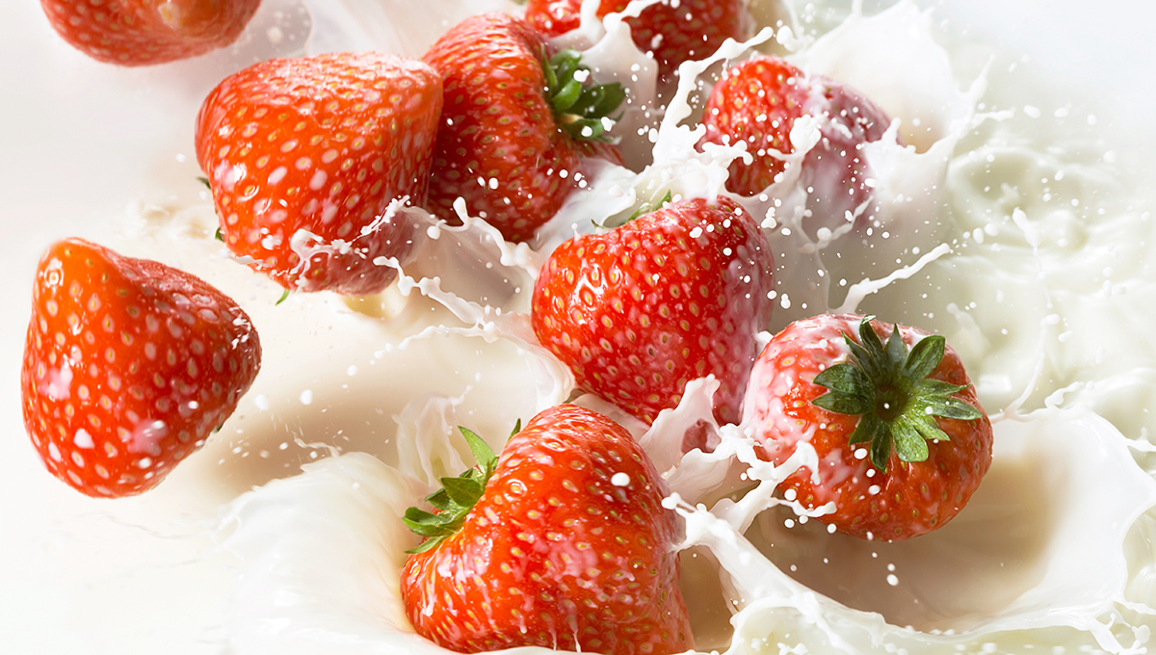 Red strawberry fruits falling into the milk