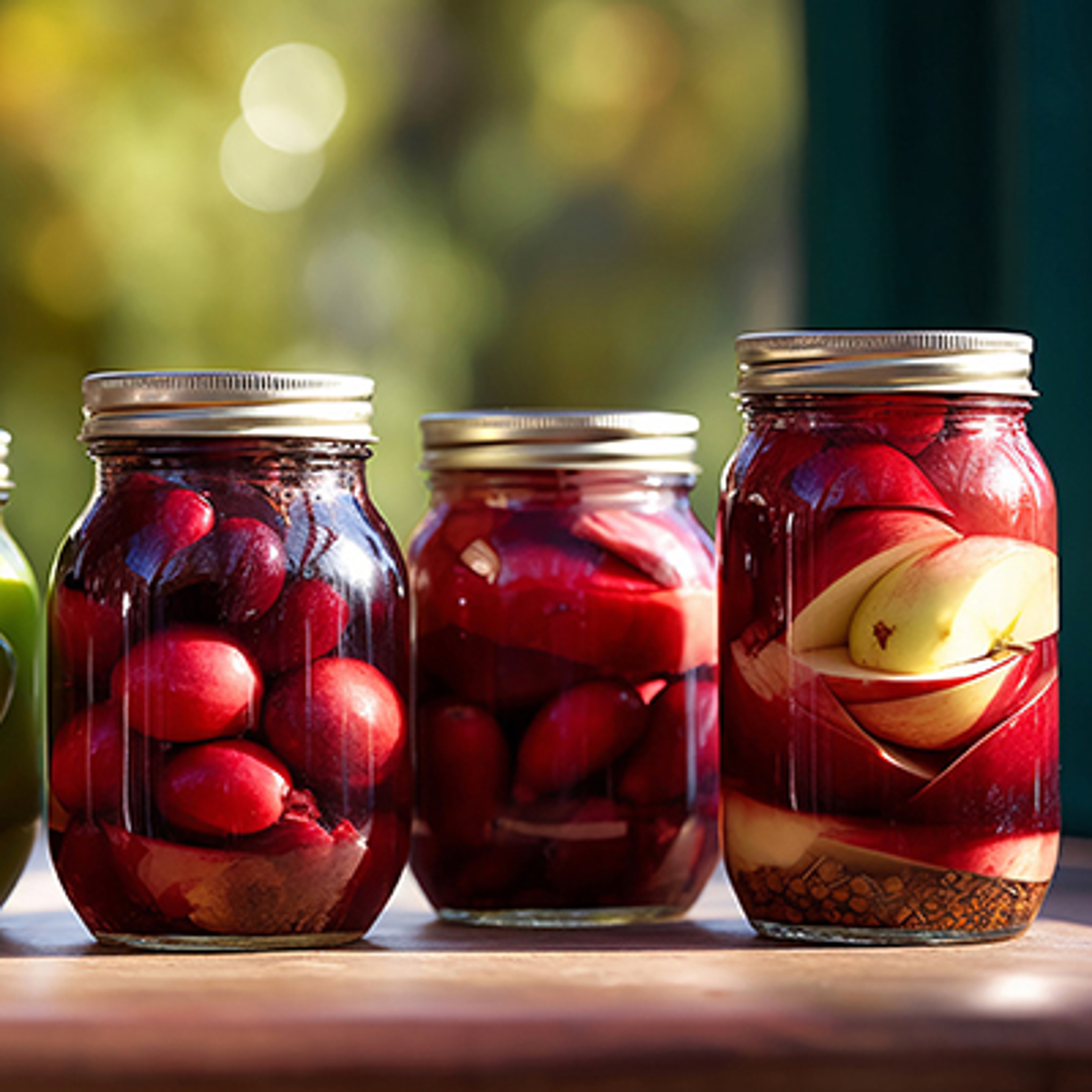 pickled fruit jar on wooden table