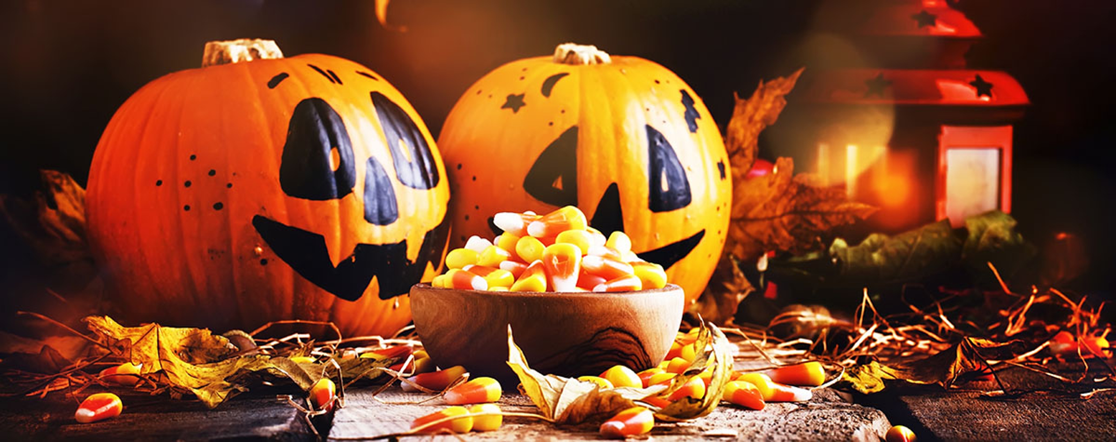 Article Cards Featured Image Halloween festive composition with sweet corn in bowl and smiling pumpkins guards, lantern, straw and fallen leaves on dark wooden background, rustic style, selective focus