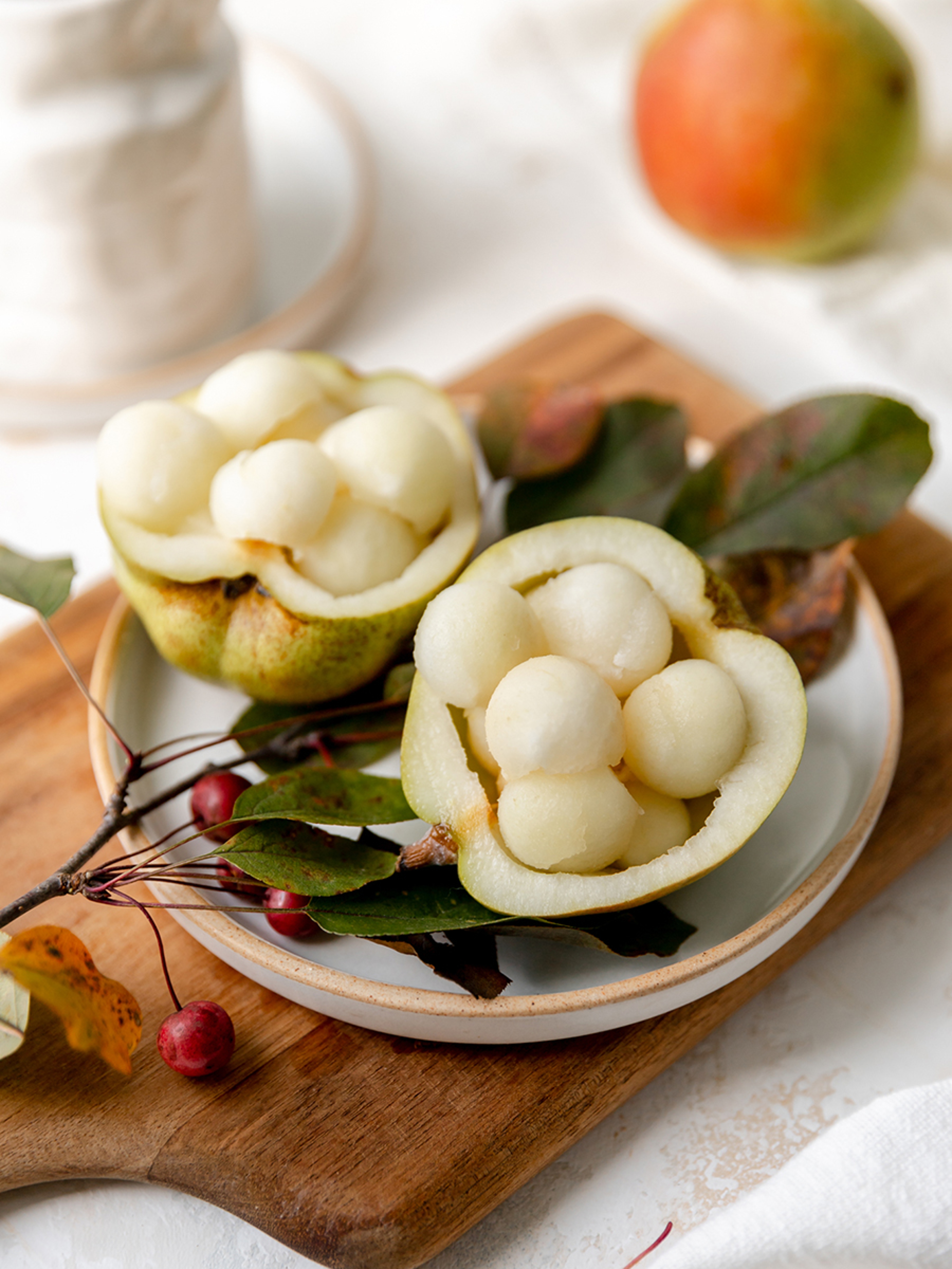 How to cut pears with a melon baller with cored pears full of balls of pear meat.