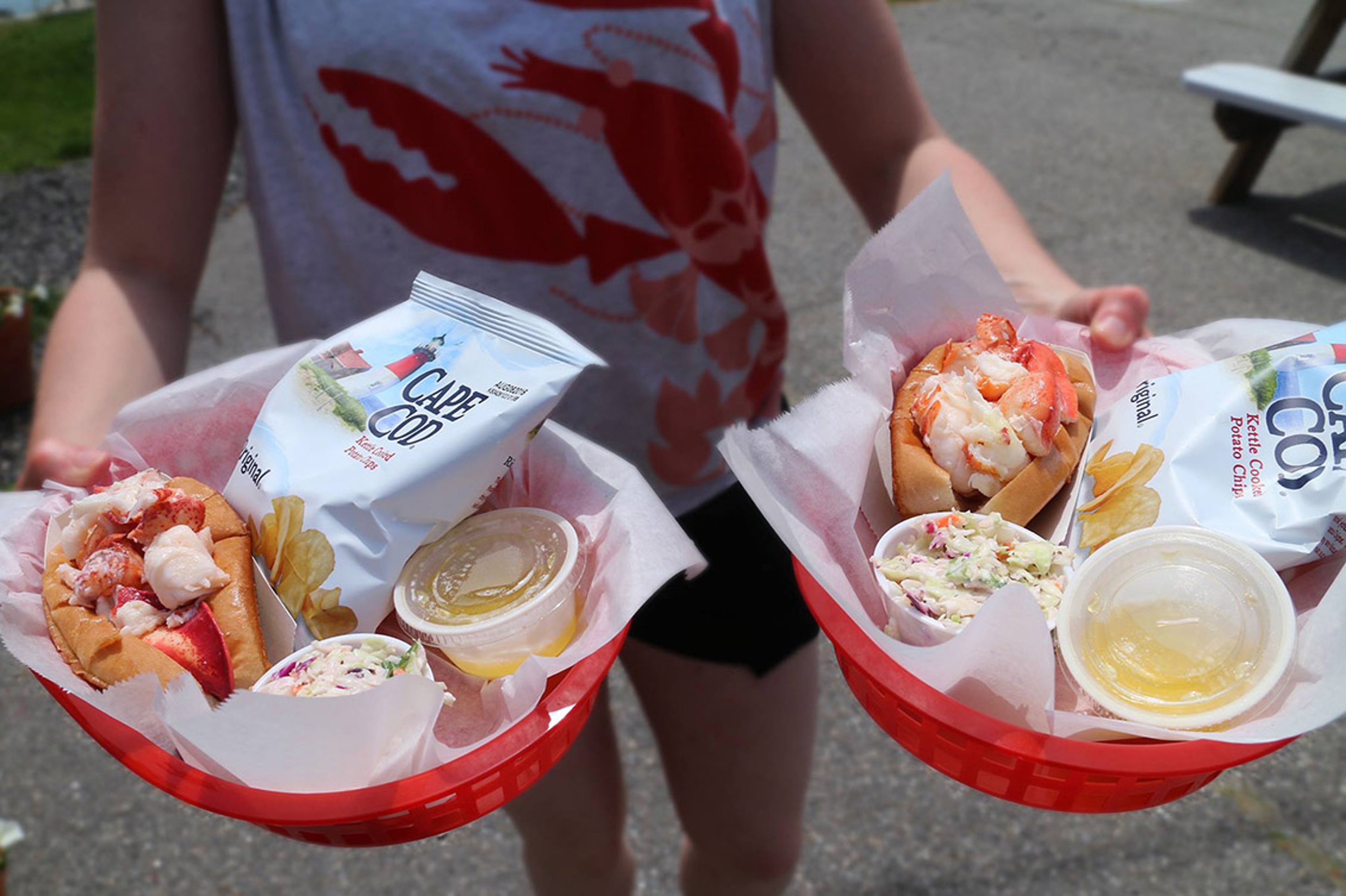 A person holding two servings of lobster roll with chips in each hand.