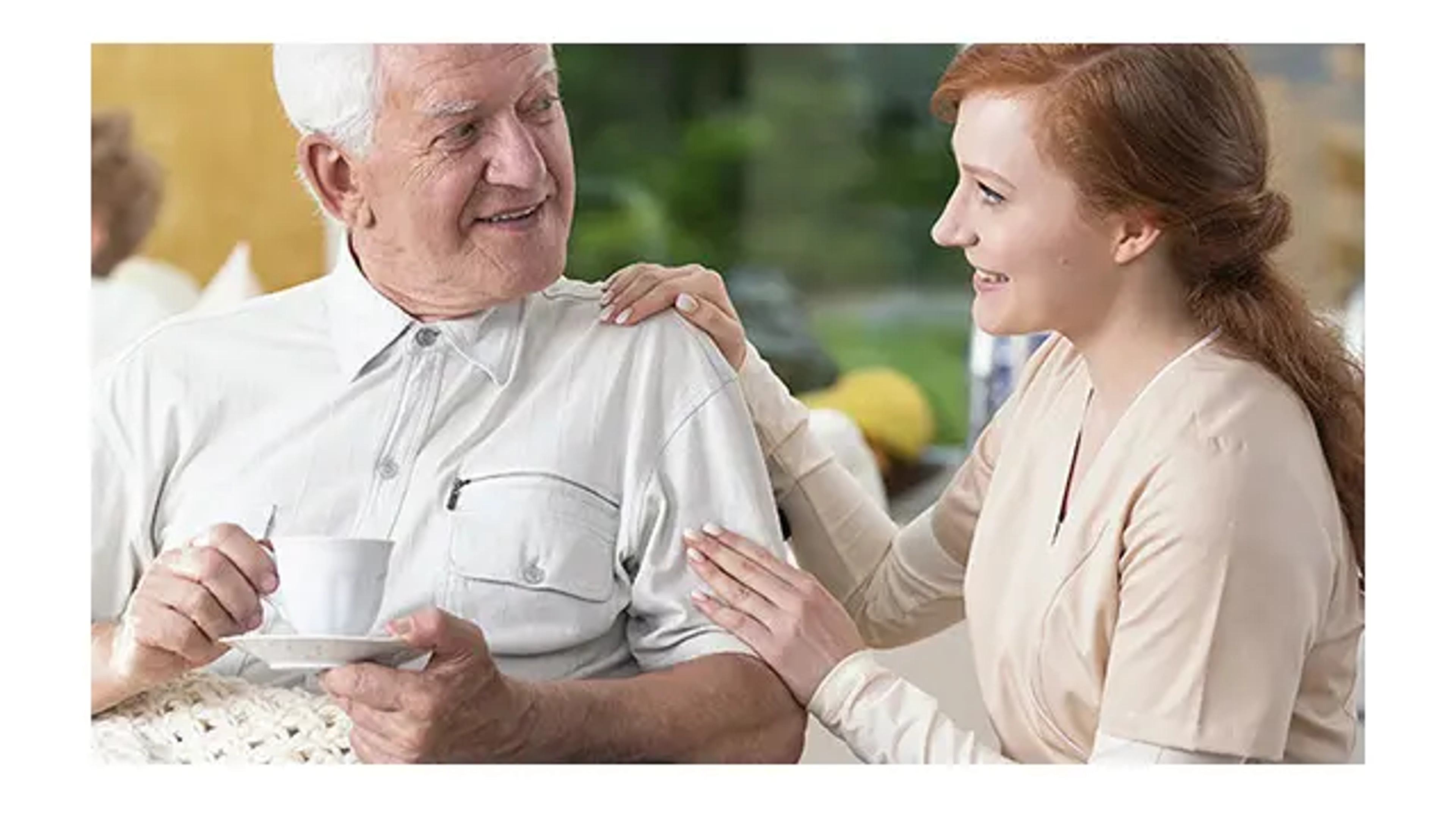 Types of caregivers with a woman helping an older man.