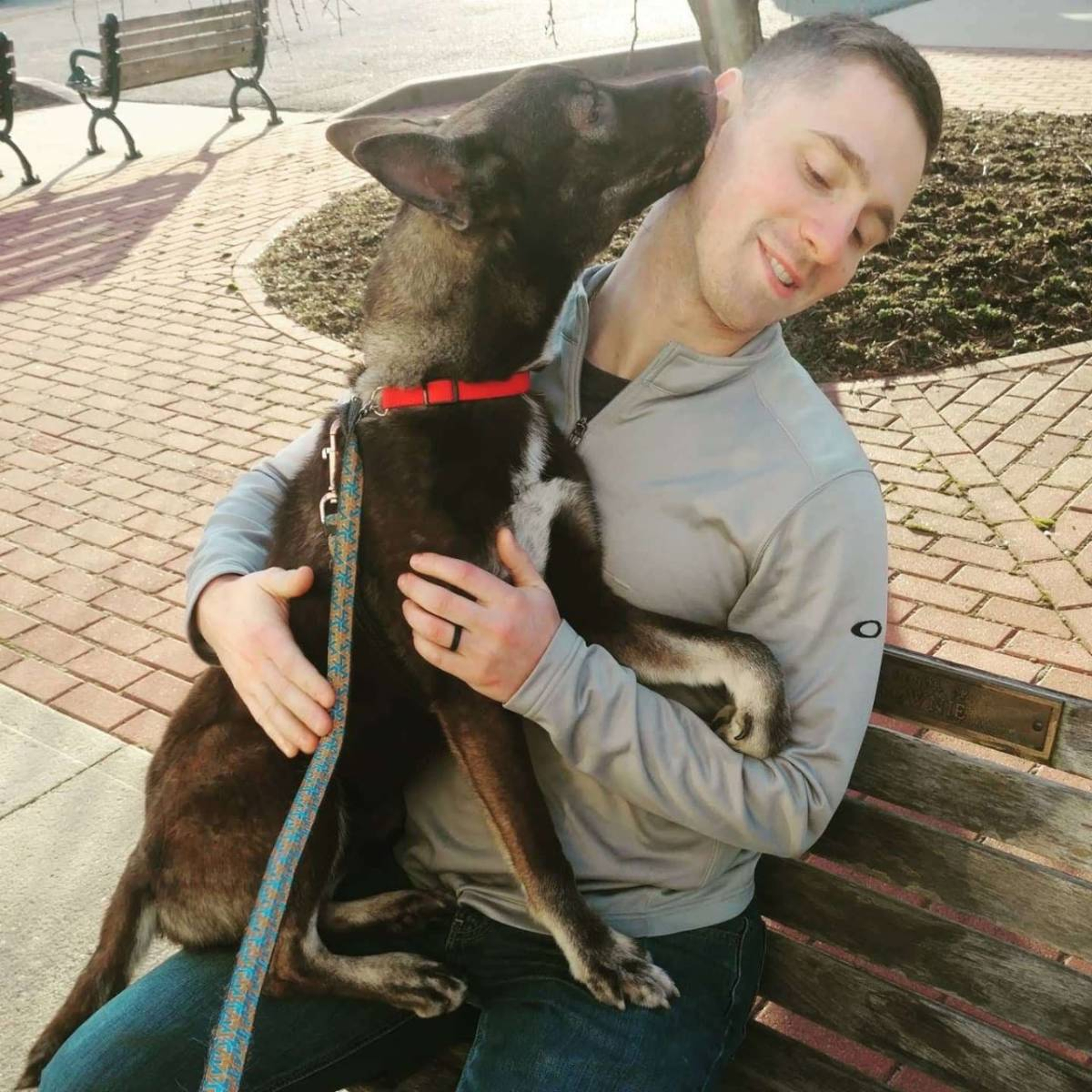 shelter animals image dog sitting on man's lap licking his face.