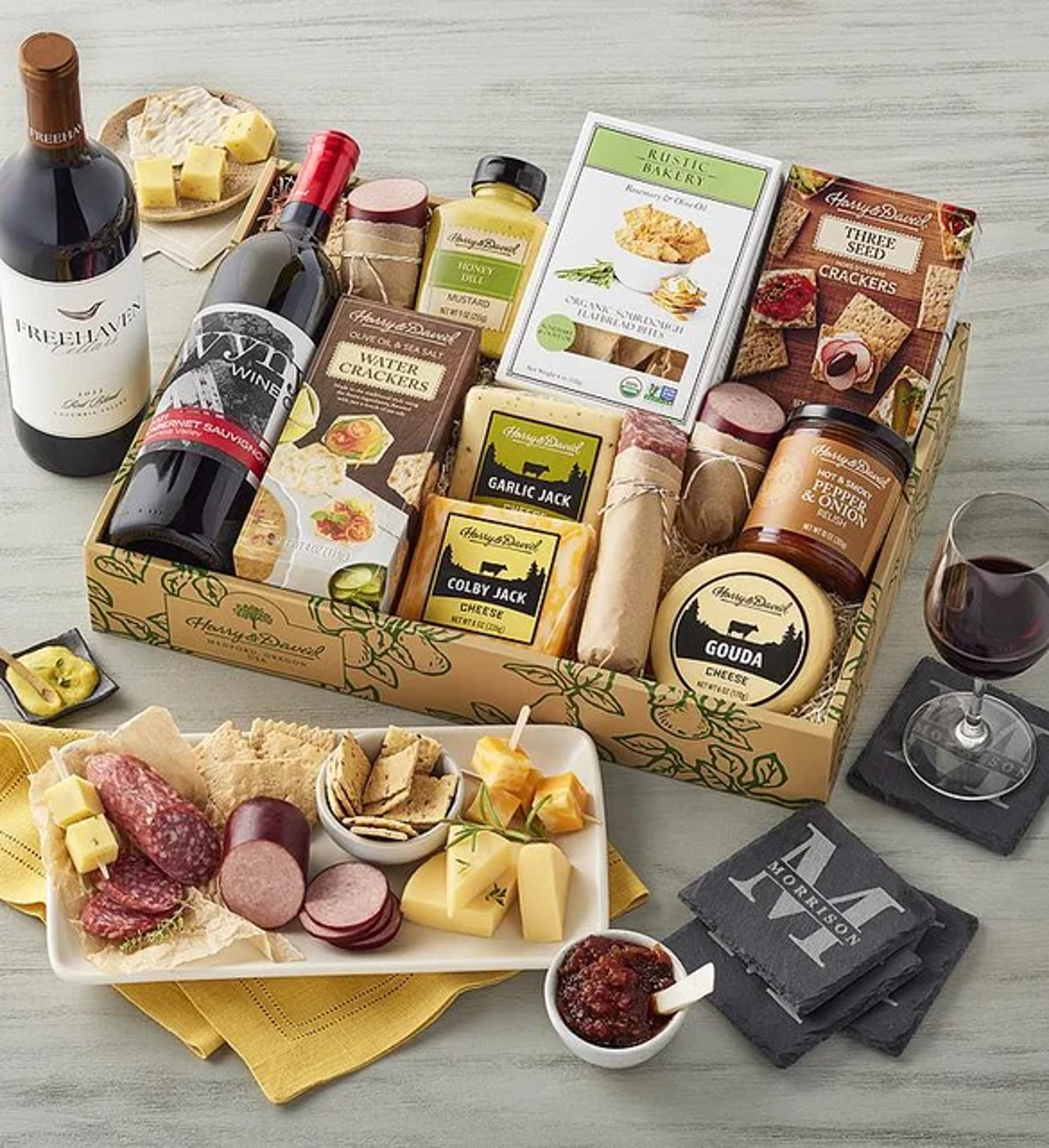 best wine basket ideas meat cheese wine gift box personalized coaster set