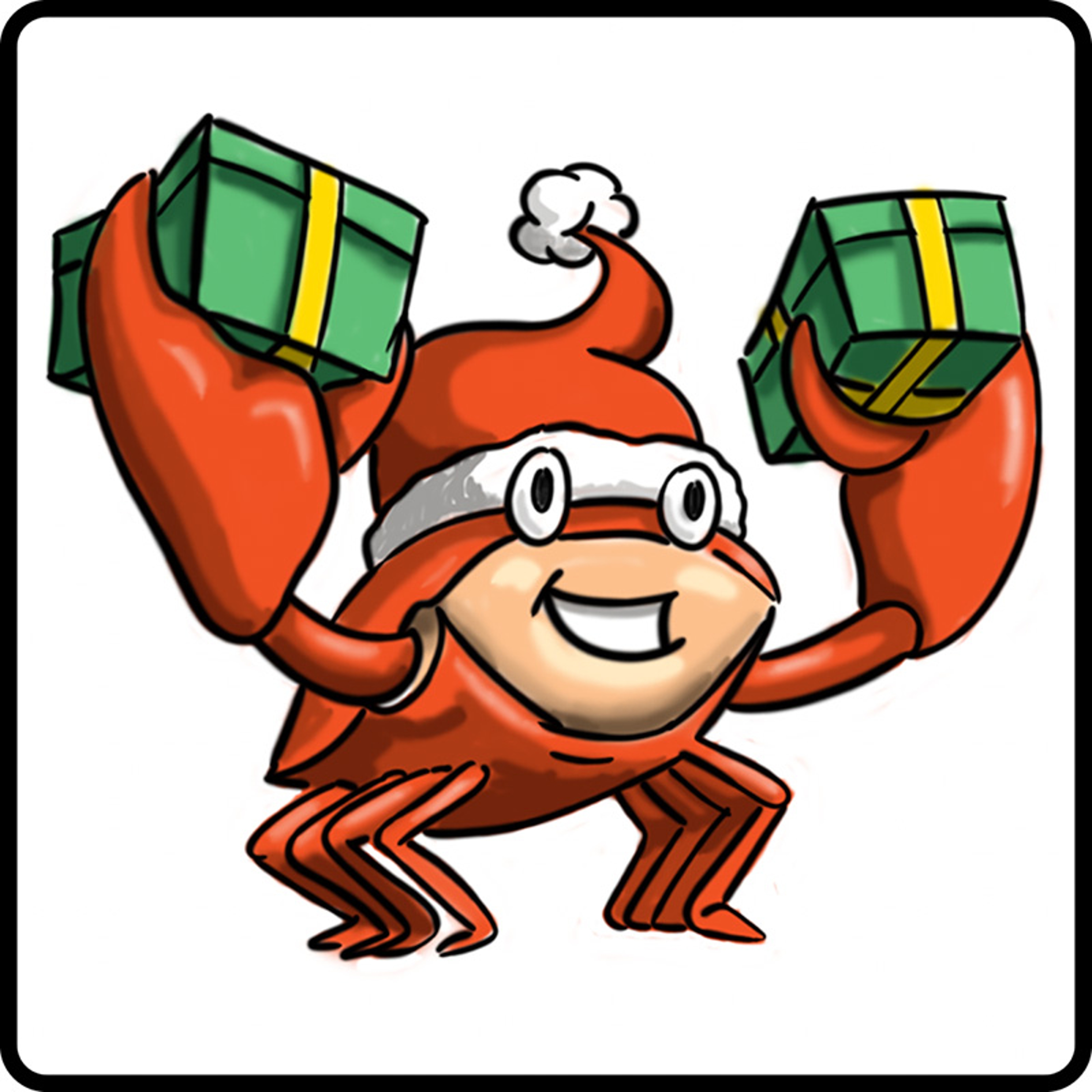 Drawing of a crab wearing a Santa hat and holding two gifts.