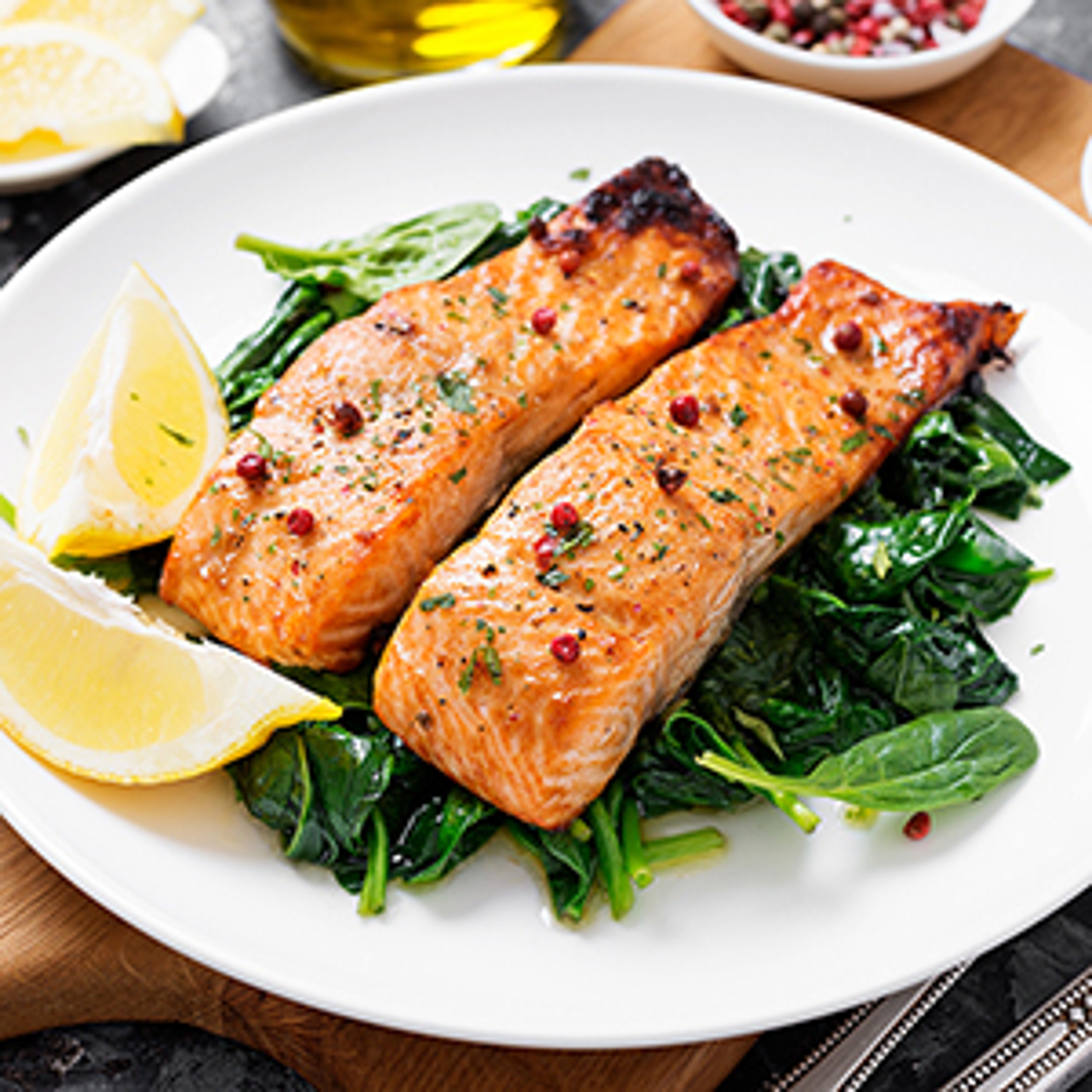 Plate with two filets of salmon and spinach.