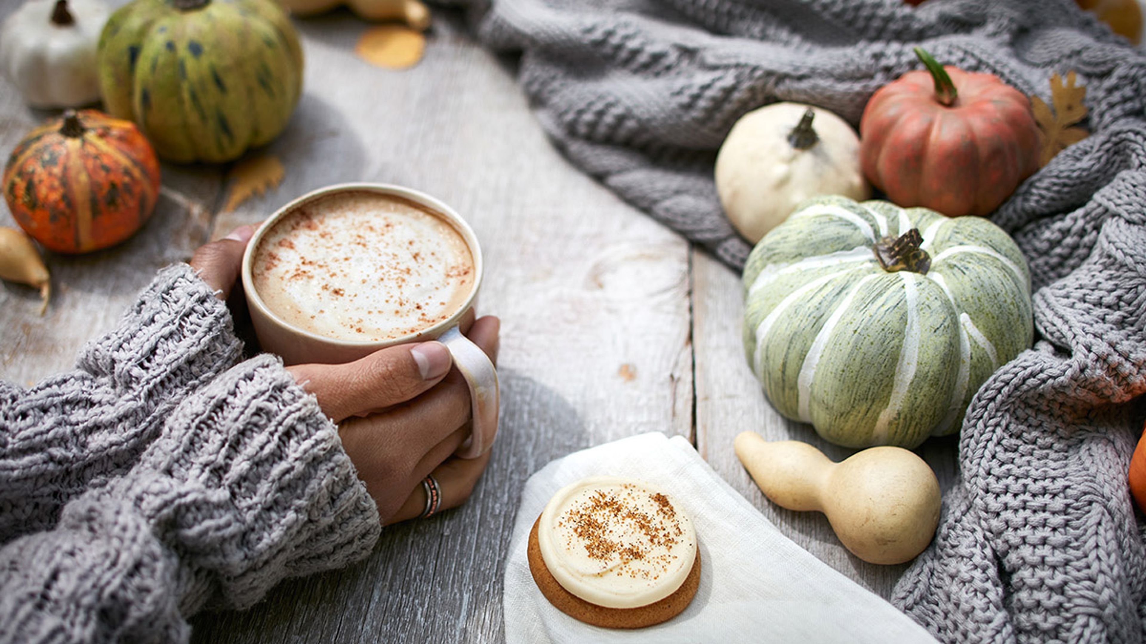 Different colored pumpkins next to a cup of coffee being held by a pair of hands.