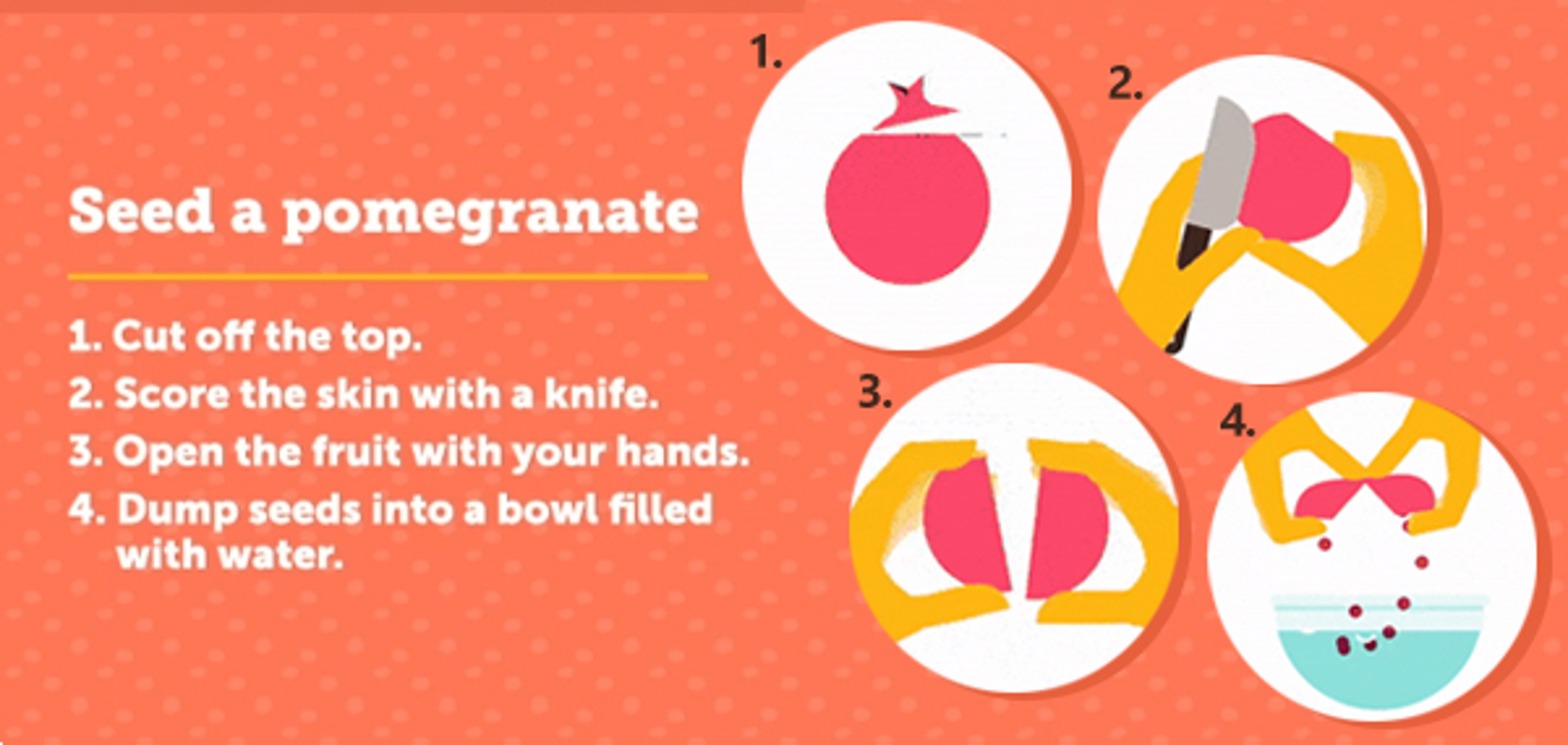 Graphic illustration of how to seed a pomegranate