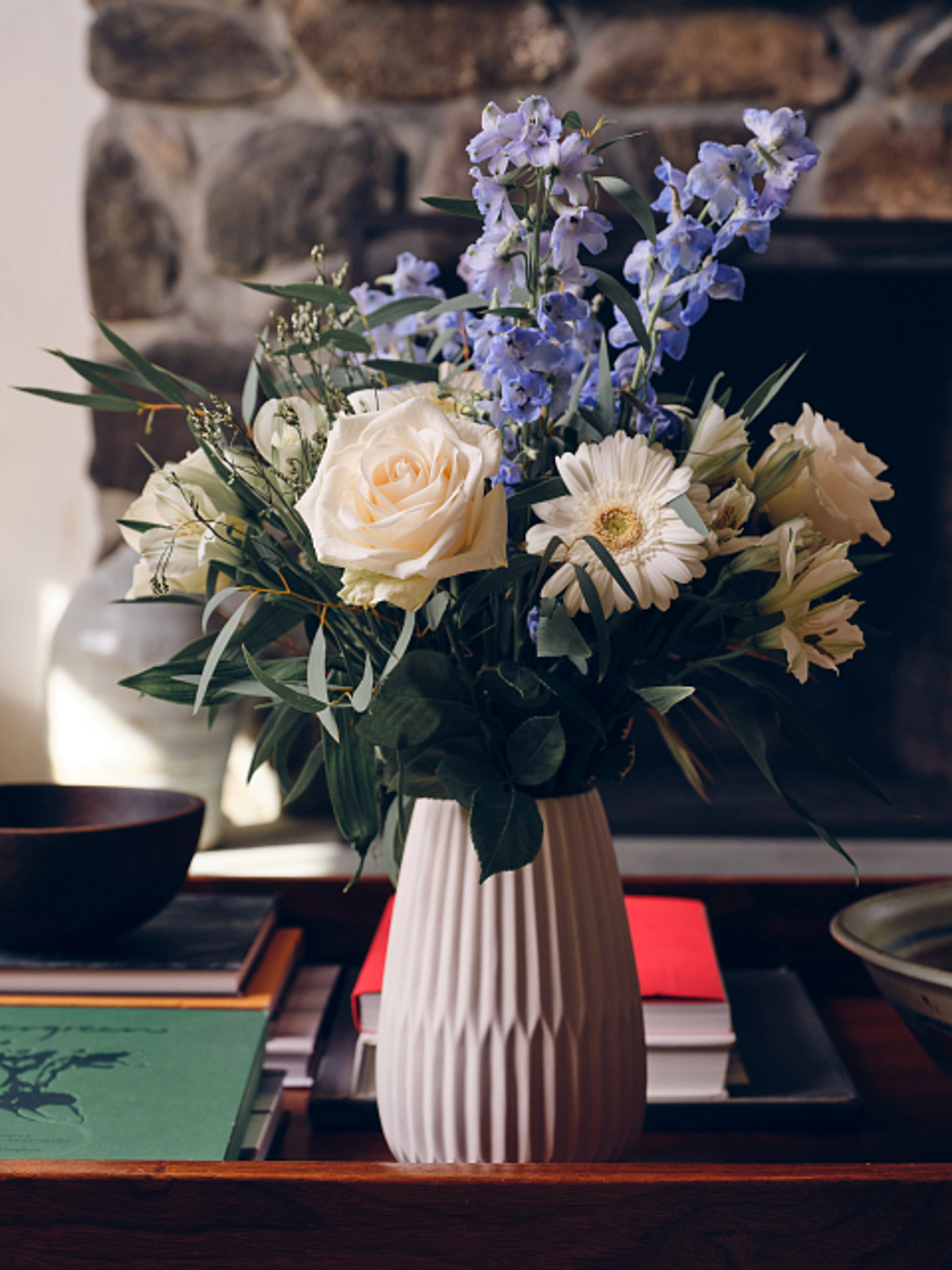 Flower of the Year Delphinium: Delphinium In White Vase With Blue Flowers and White Roses