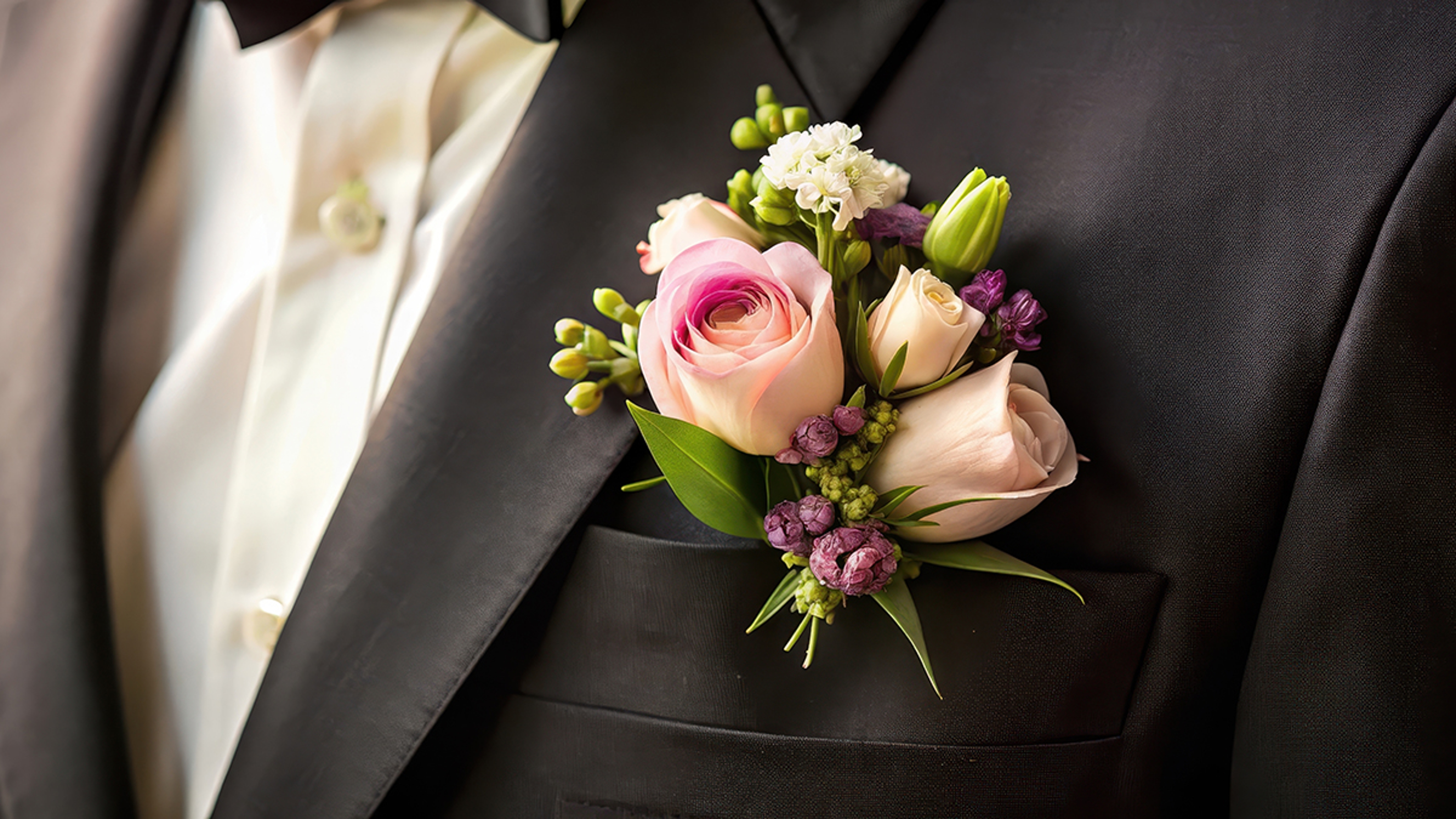 Closeup of prom boutonniere with roses and other flowers.