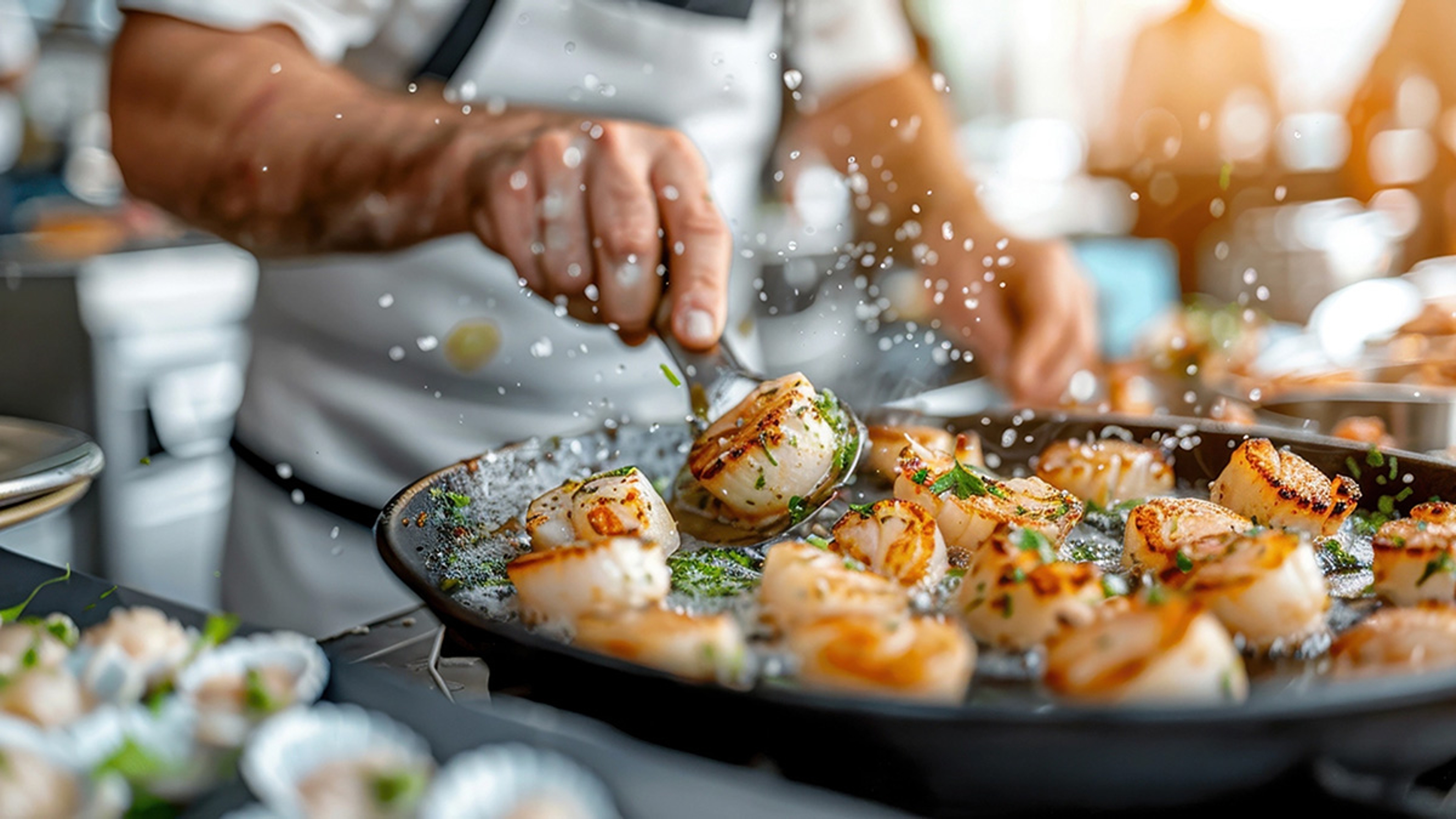 Chef searing scallops in a cast iron pan.