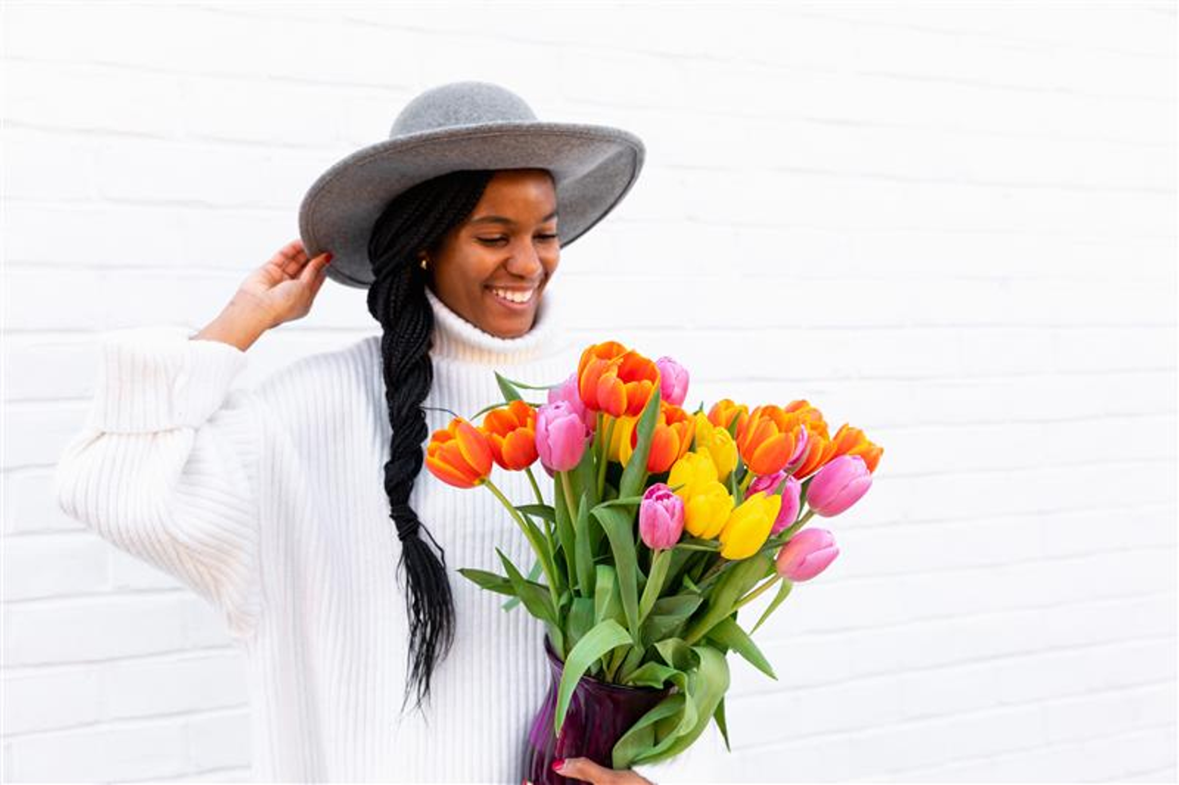 Picture of woman with tulips, flower of the year