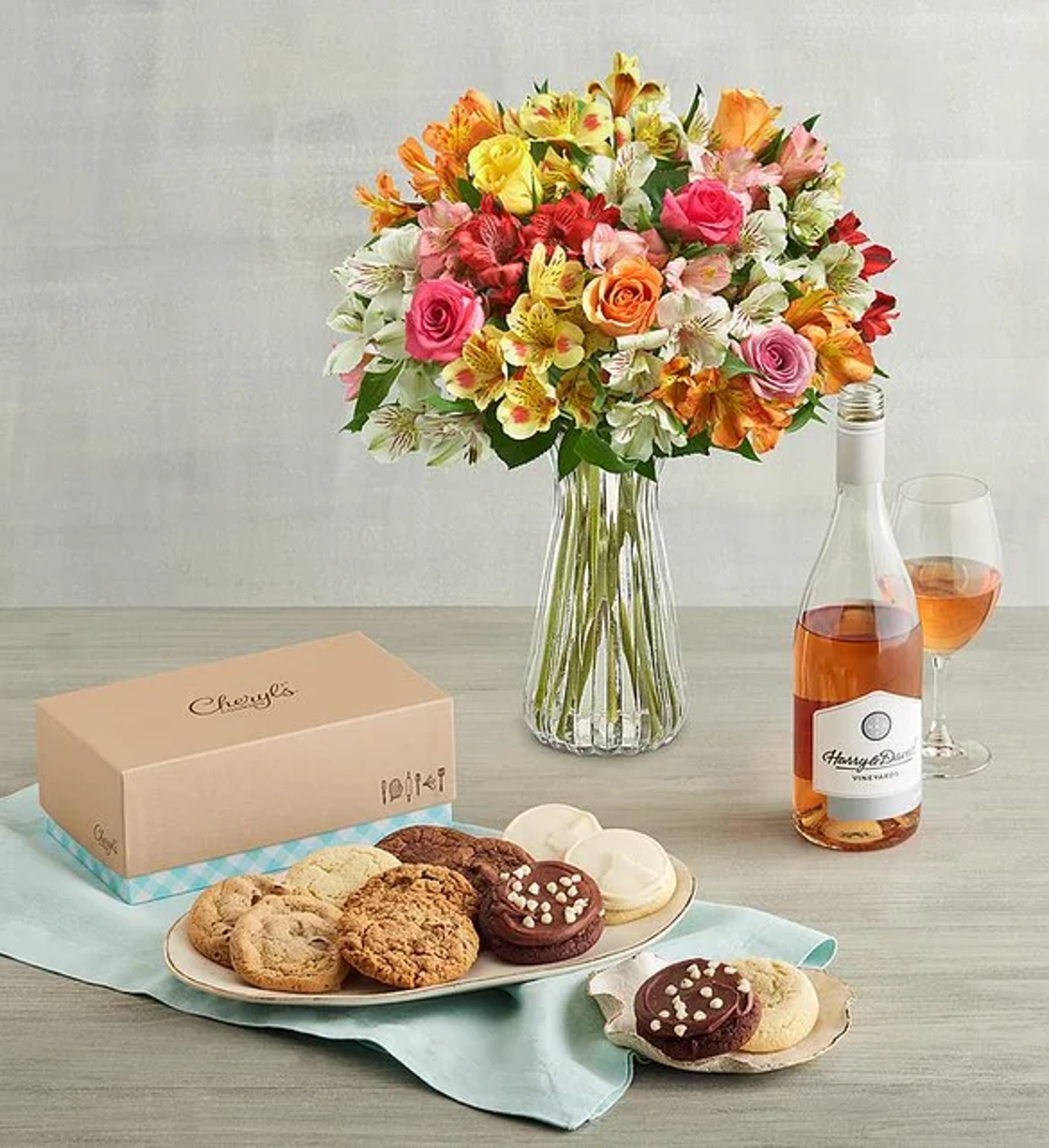 valentines gifts for couples flowers Cookies Wine