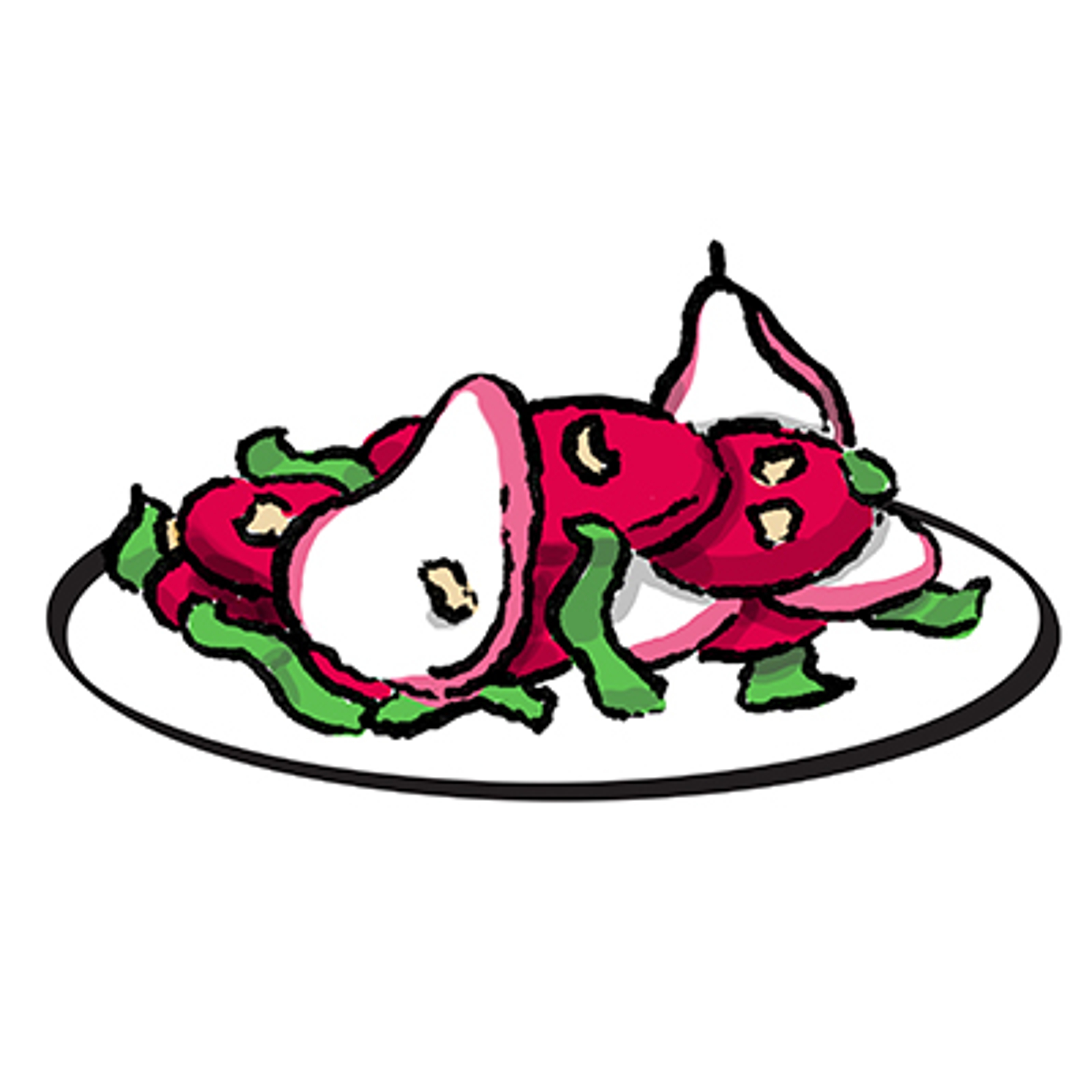 Drawing of vegan salad with pears and vegetables.