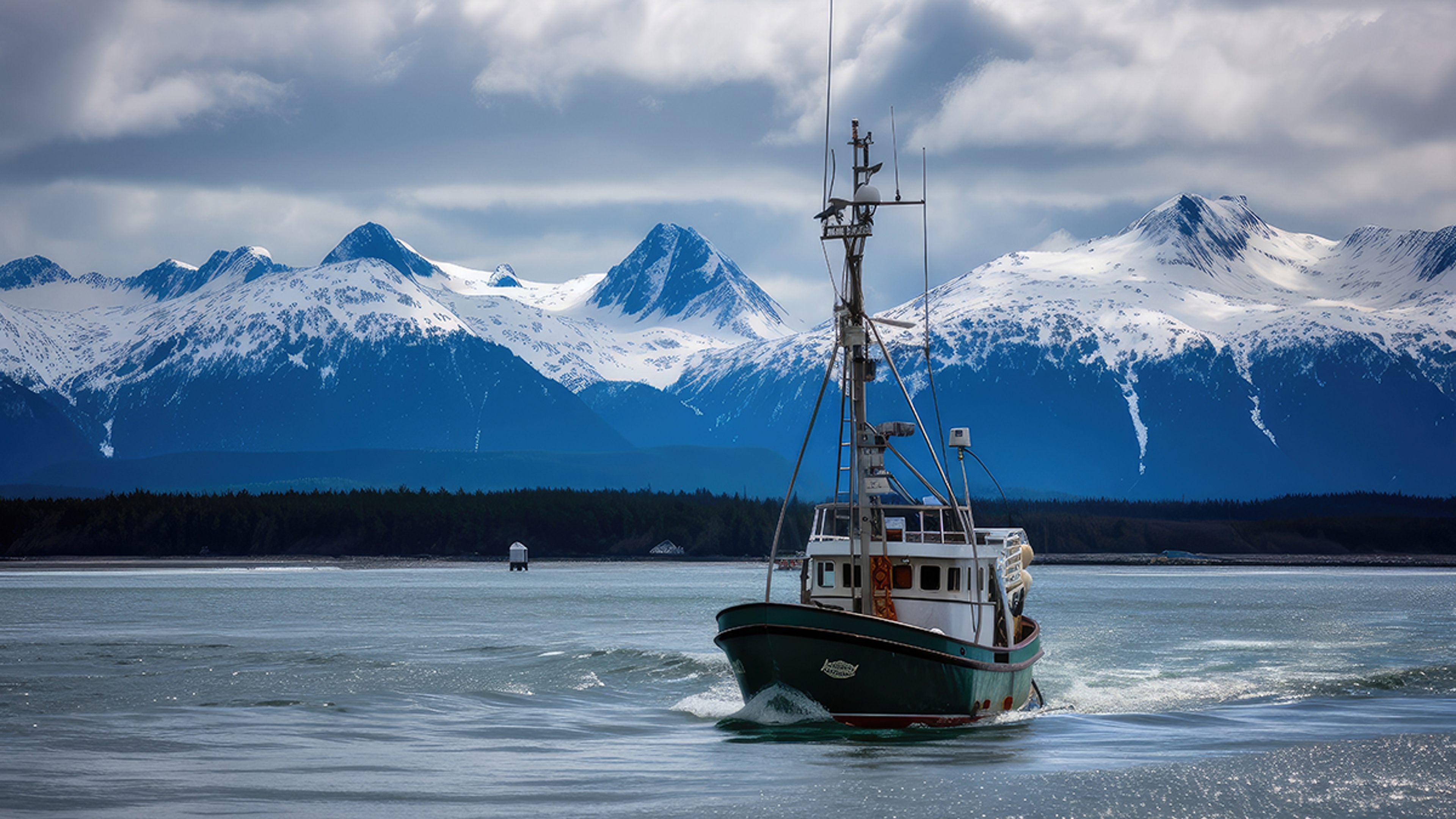 alaskan fishing boat returning to port, with fresh catch