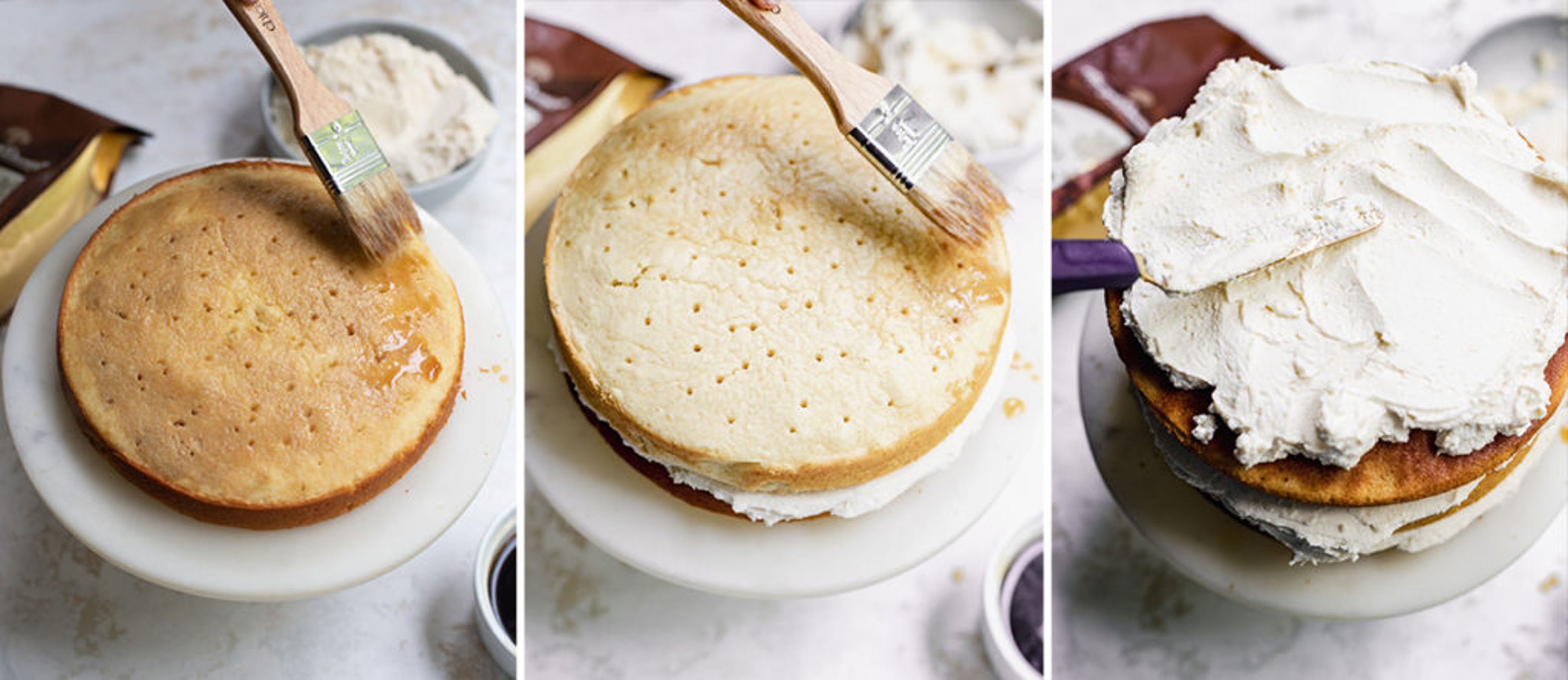 Layering and frosting the tiramisu cake.