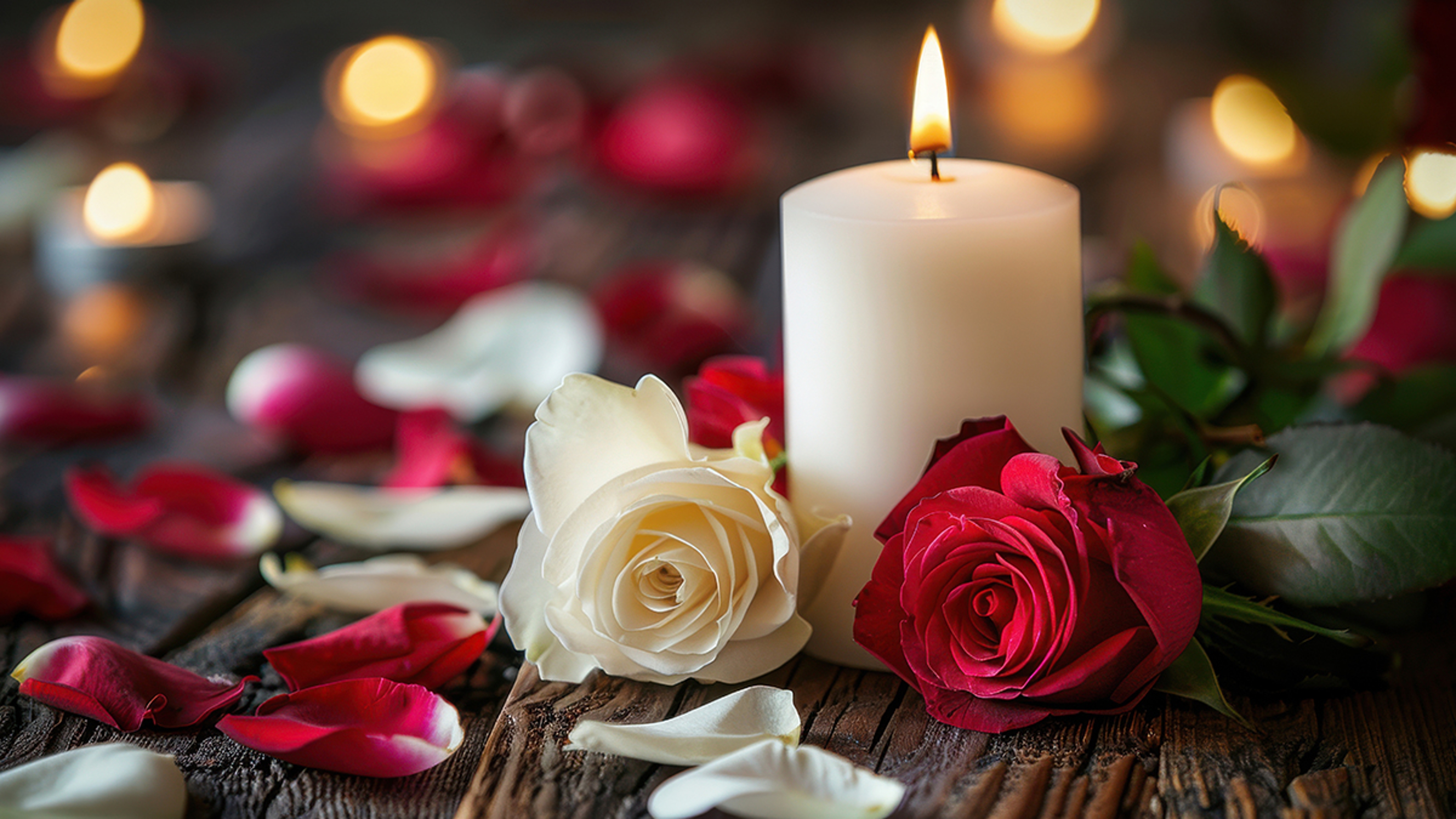 Roses surrounding a single white candle